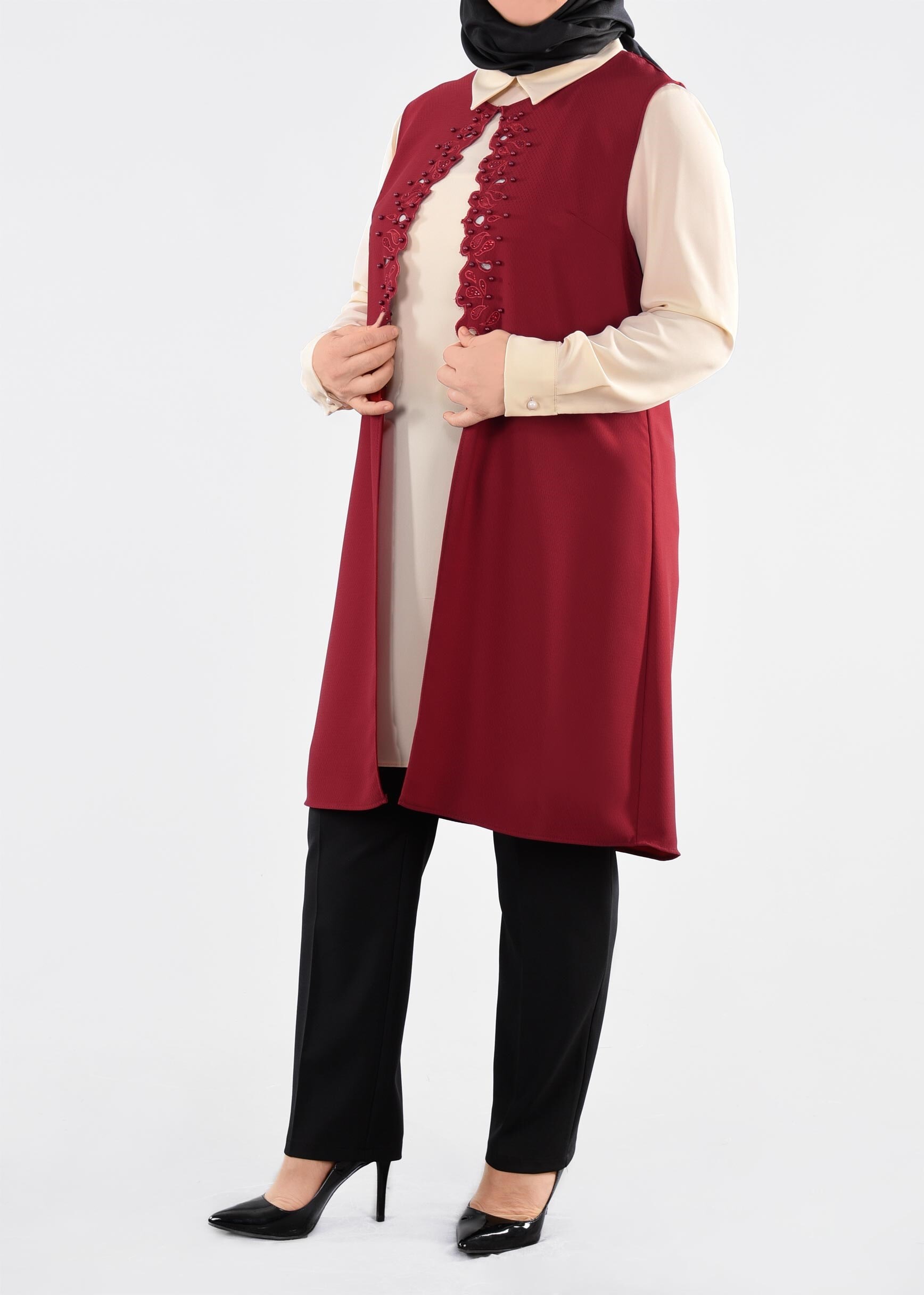 Tesettür giyim KIRMIZI BONCUKLU NAKIŞLI 2&prime;Lİ TUNİK 2708 