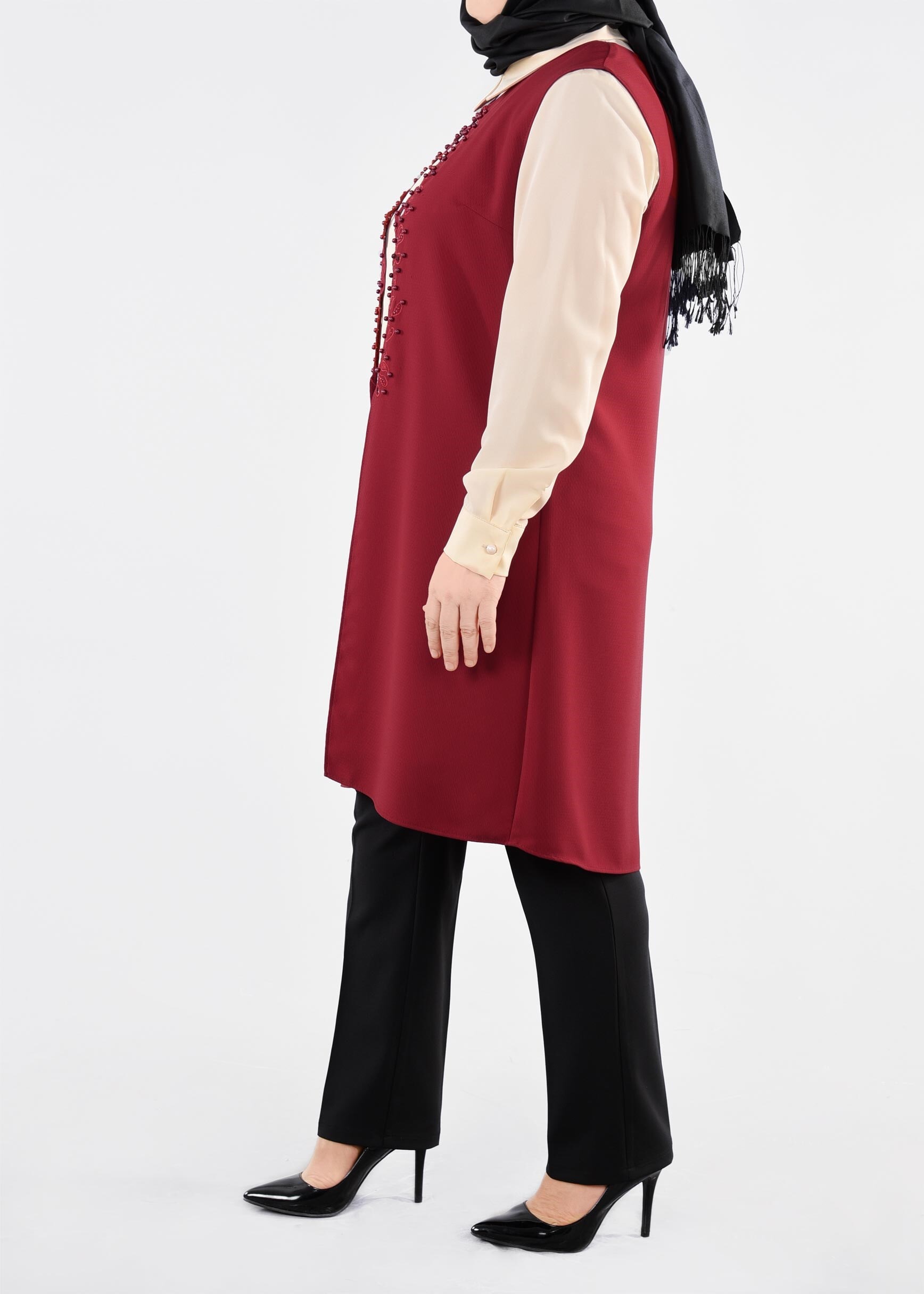 Tesettür giyim KIRMIZI BONCUKLU NAKIŞLI 2&prime;Lİ TUNİK 2708 