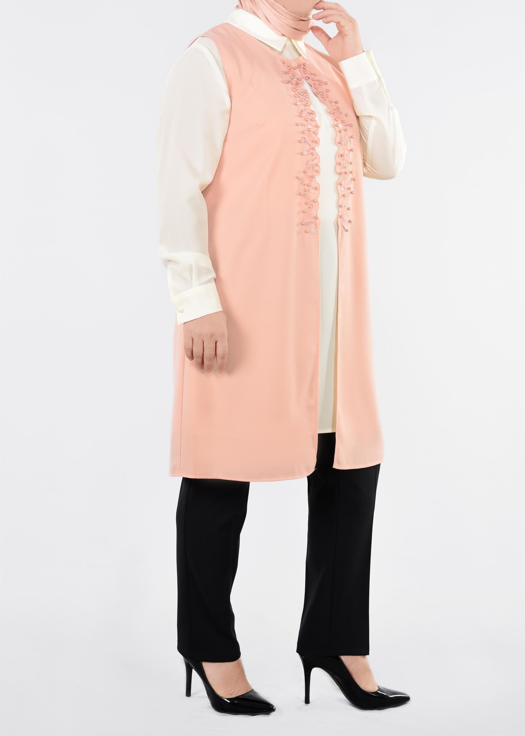 Tesettür giyim PUDRA BONCUKLU NAKIŞLI 2&prime;Lİ TUNİK 2708 