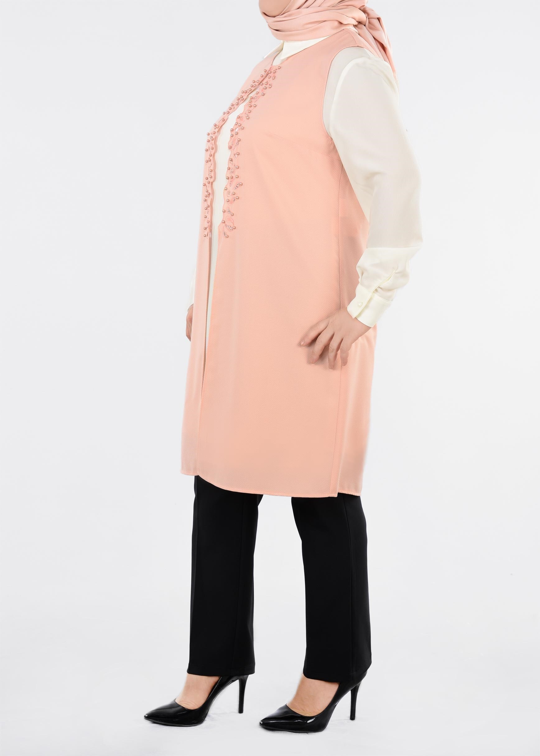 Tesettür giyim PUDRA BONCUKLU NAKIŞLI 2&prime;Lİ TUNİK 2708 