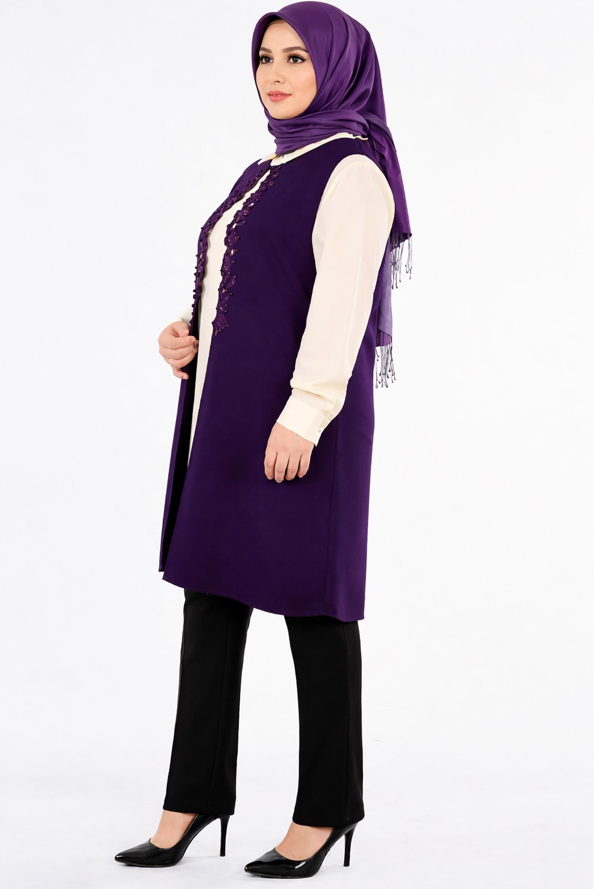 Tesettür giyim MOR BONCUKLU NAKIŞLI İKİLİ TUNİK 2708