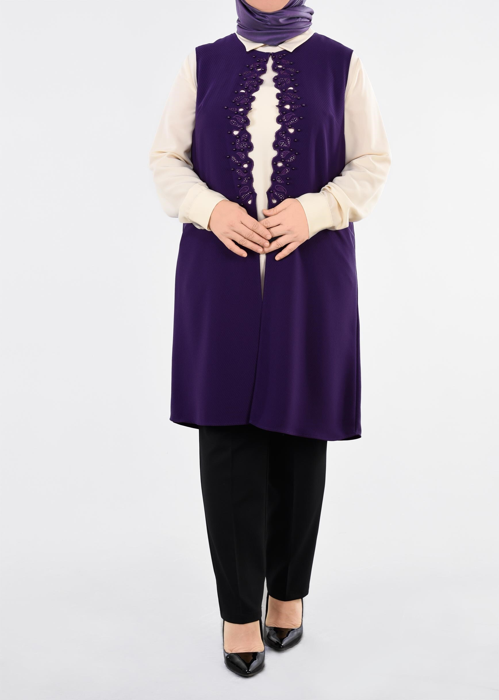 Tesettür giyim MOR BONCUKLU NAKIŞLI 2&prime;Lİ TUNİK 2708 