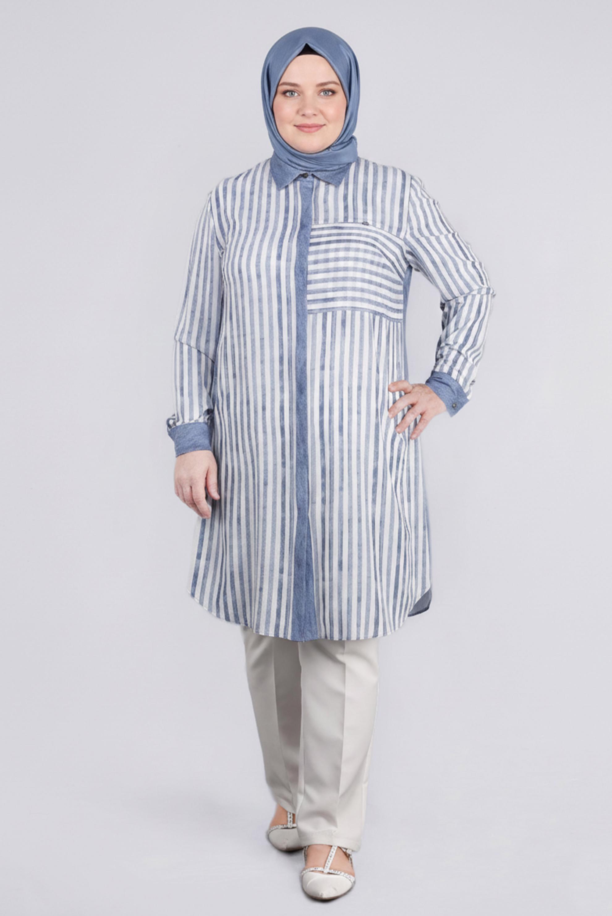 Tesettür giyim MAVİ ÇİZGİLİ GÖMLEK YAKA TUNİK 2731