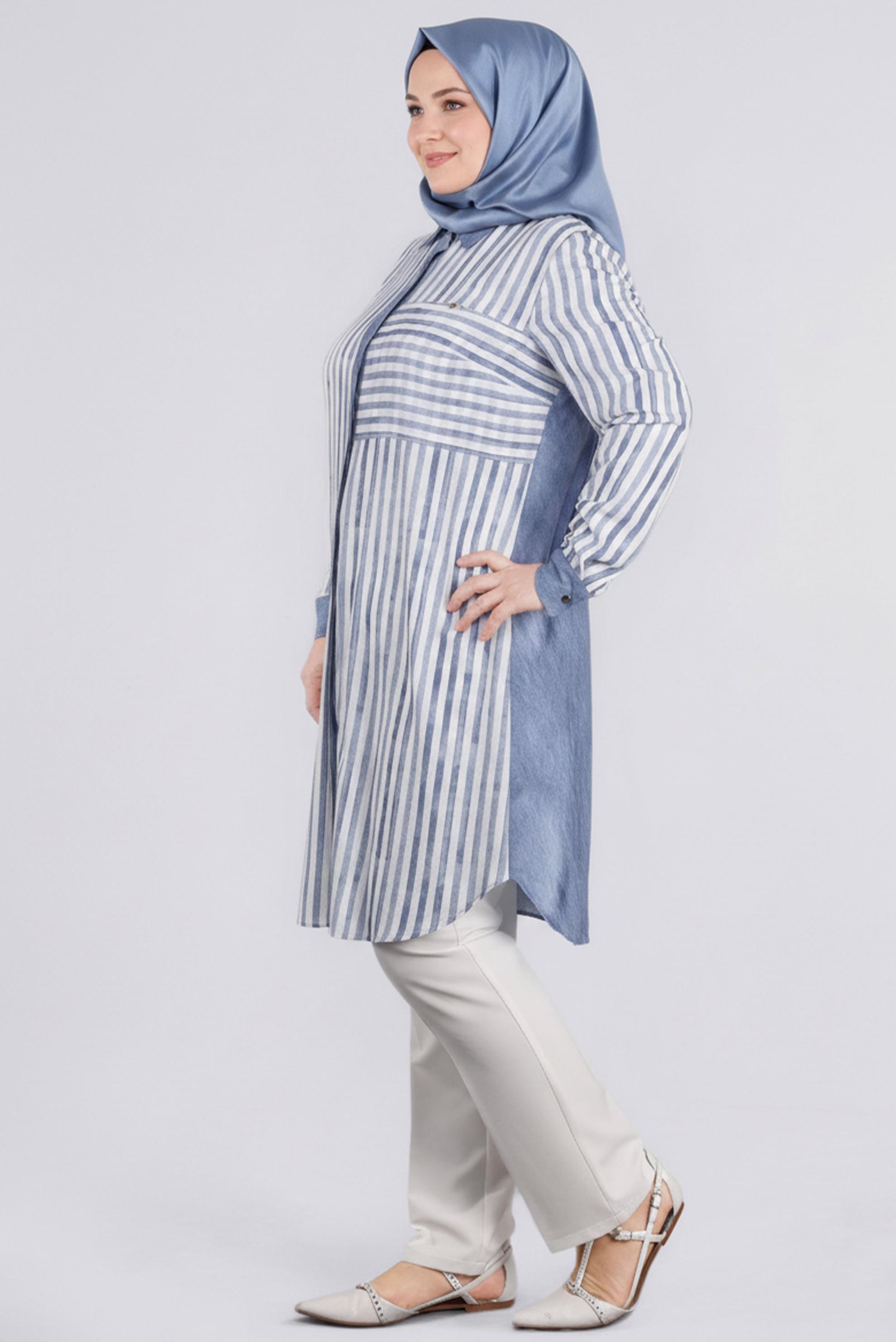 Tesettür giyim MAVİ ÇİZGİLİ GÖMLEK YAKA TUNİK 2731