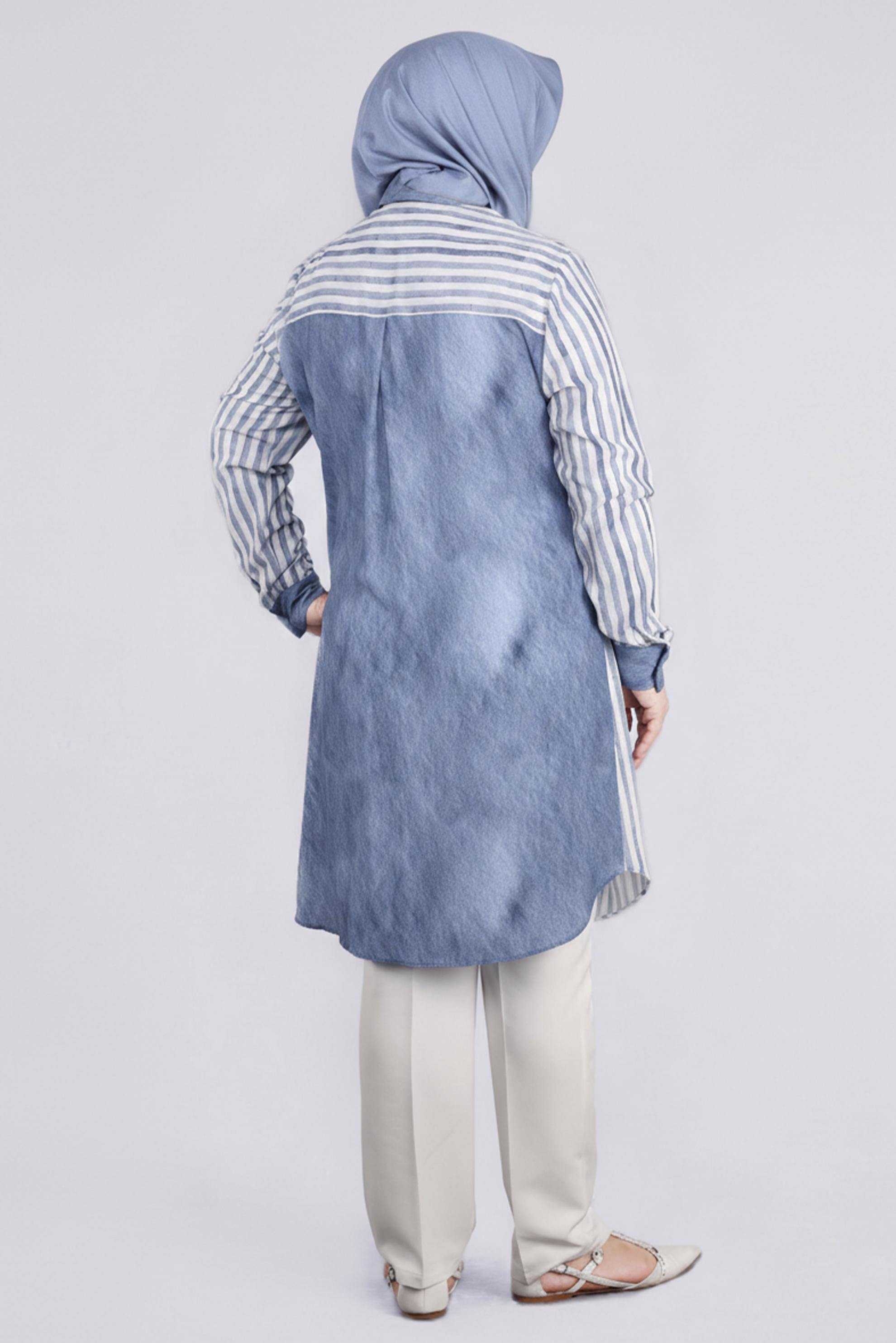 Tesettür giyim MAVİ ÇİZGİLİ GÖMLEK YAKA TUNİK 2731