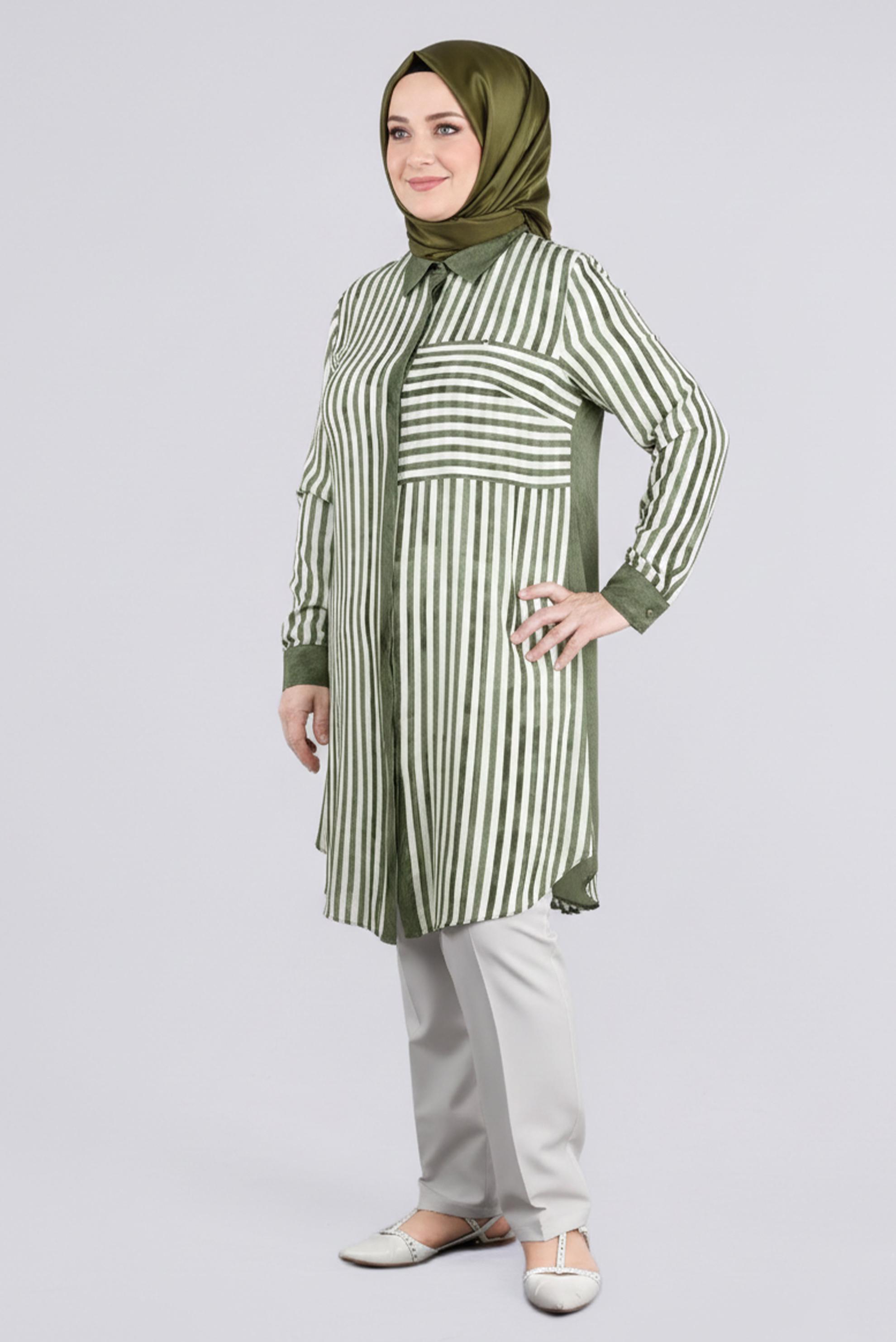 Tesettür giyim YEŞİL ÇİZGİLİ GÖMLEK YAKA TUNİK 2731