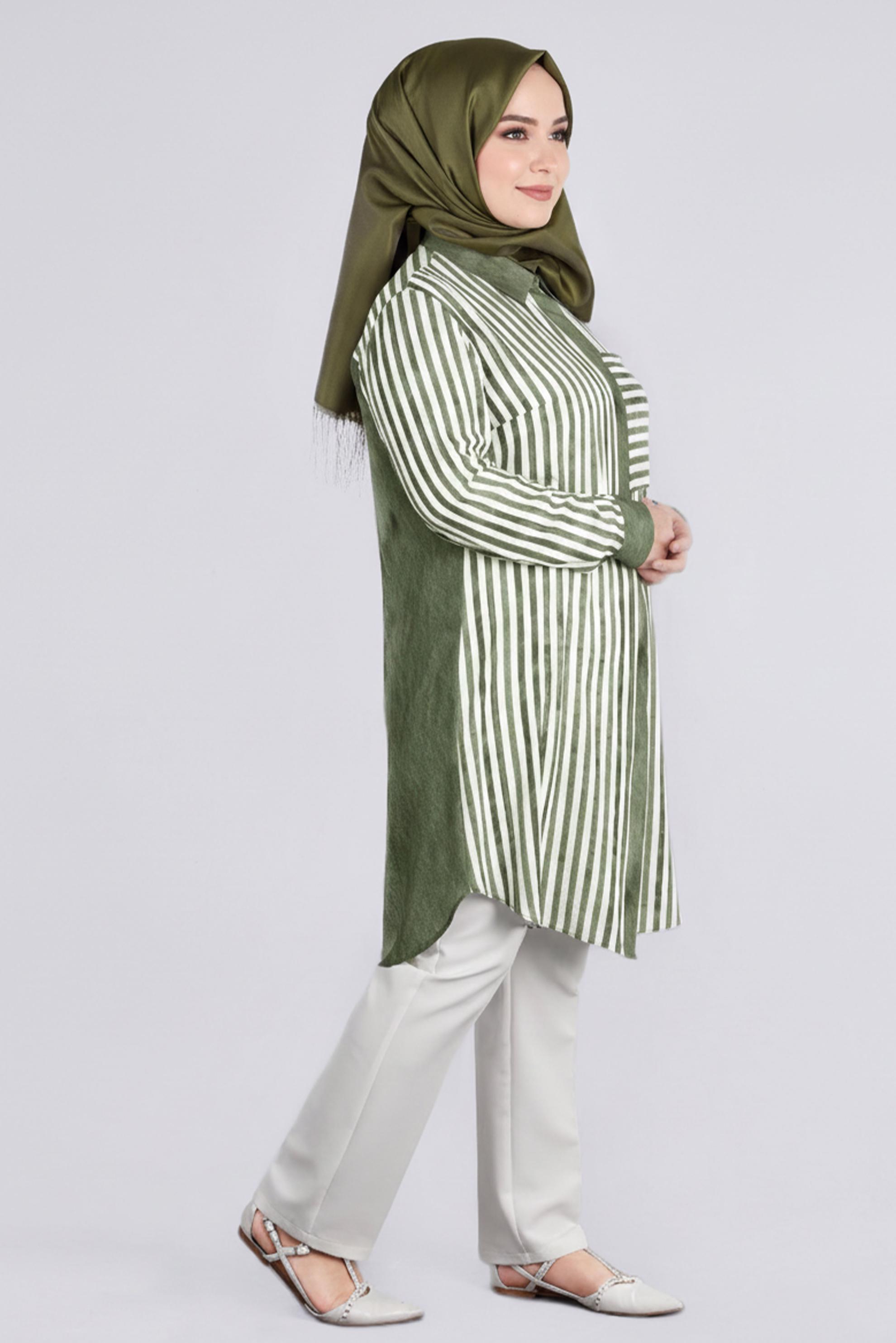 Tesettür giyim YEŞİL ÇİZGİLİ GÖMLEK YAKA TUNİK 2731