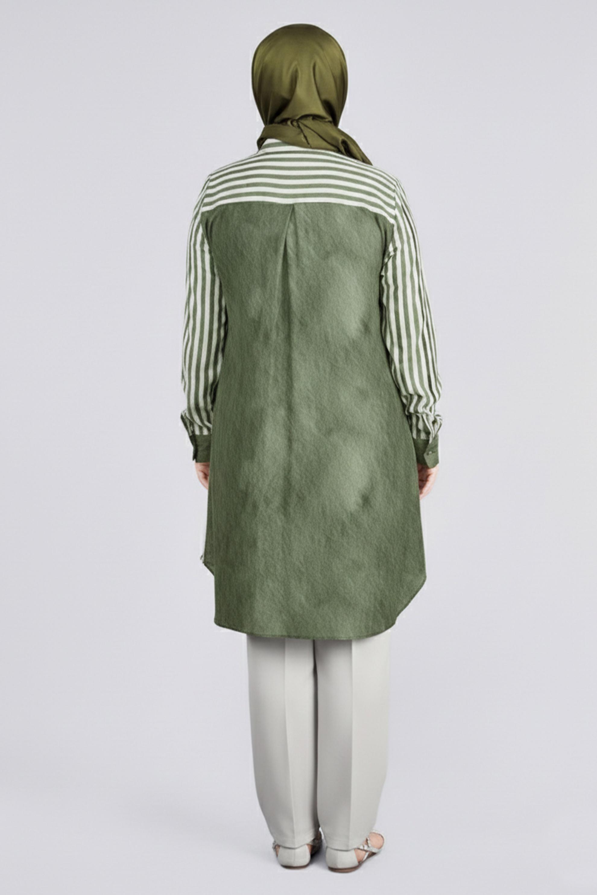 Tesettür giyim YEŞİL ÇİZGİLİ GÖMLEK YAKA TUNİK 2731