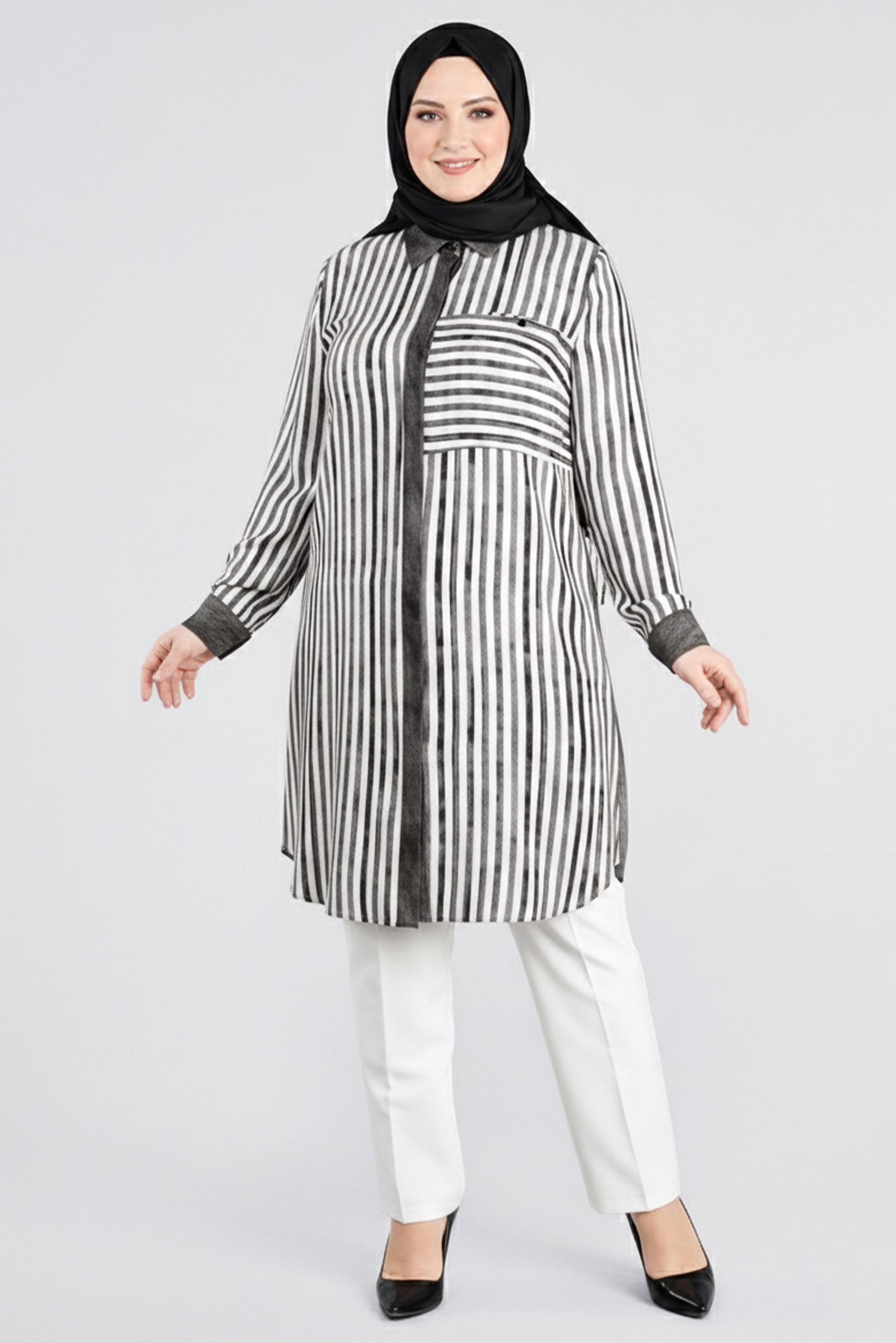 Tesettür giyim GRİ ÇİZGİLİ GÖMLEK YAKA TUNİK 2731