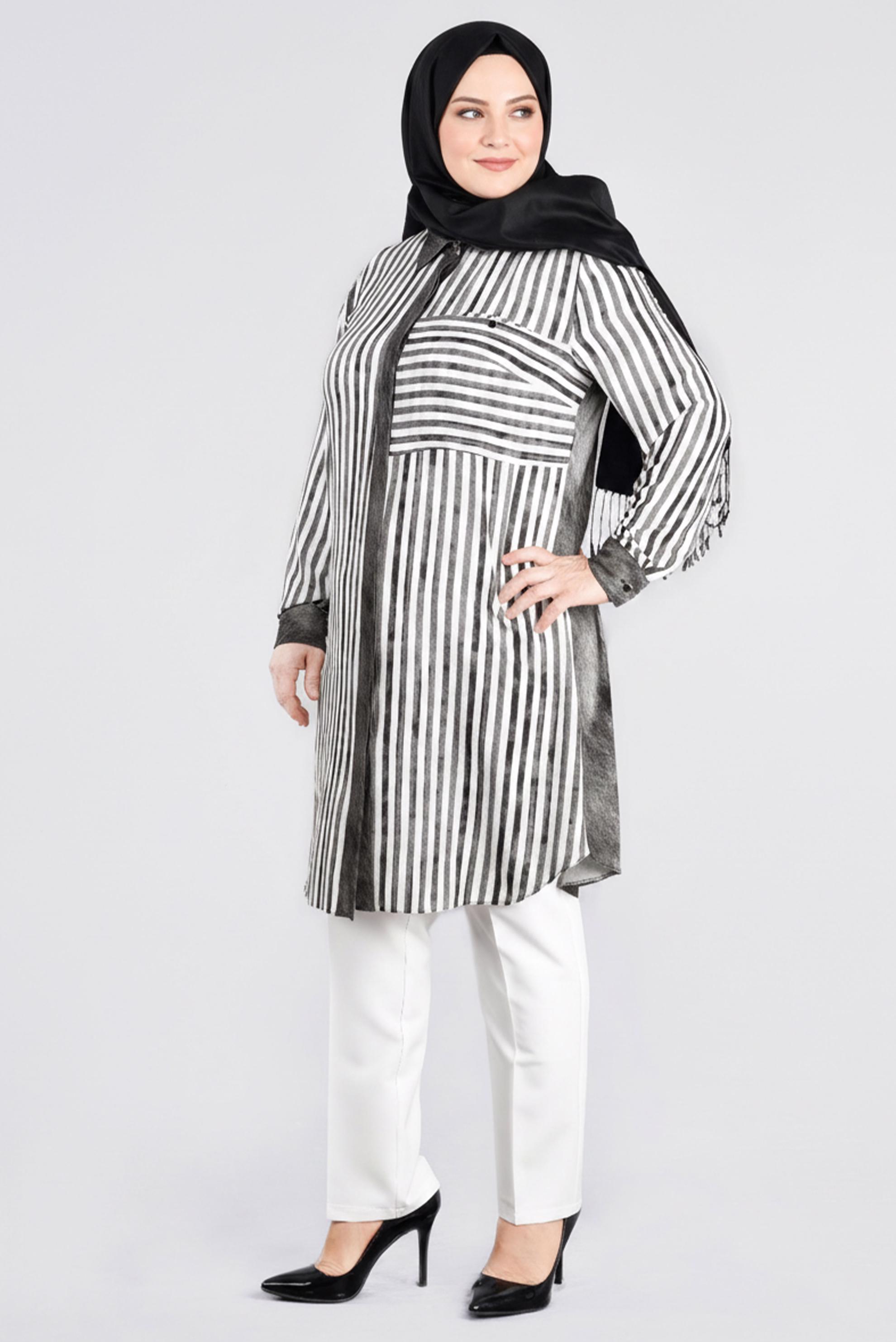 Tesettür giyim GRİ ÇİZGİLİ GÖMLEK YAKA TUNİK 2731