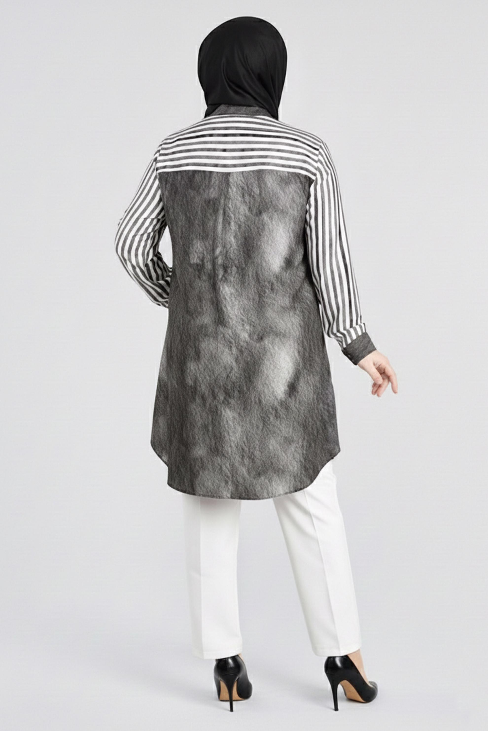 Tesettür giyim GRİ ÇİZGİLİ GÖMLEK YAKA TUNİK 2731