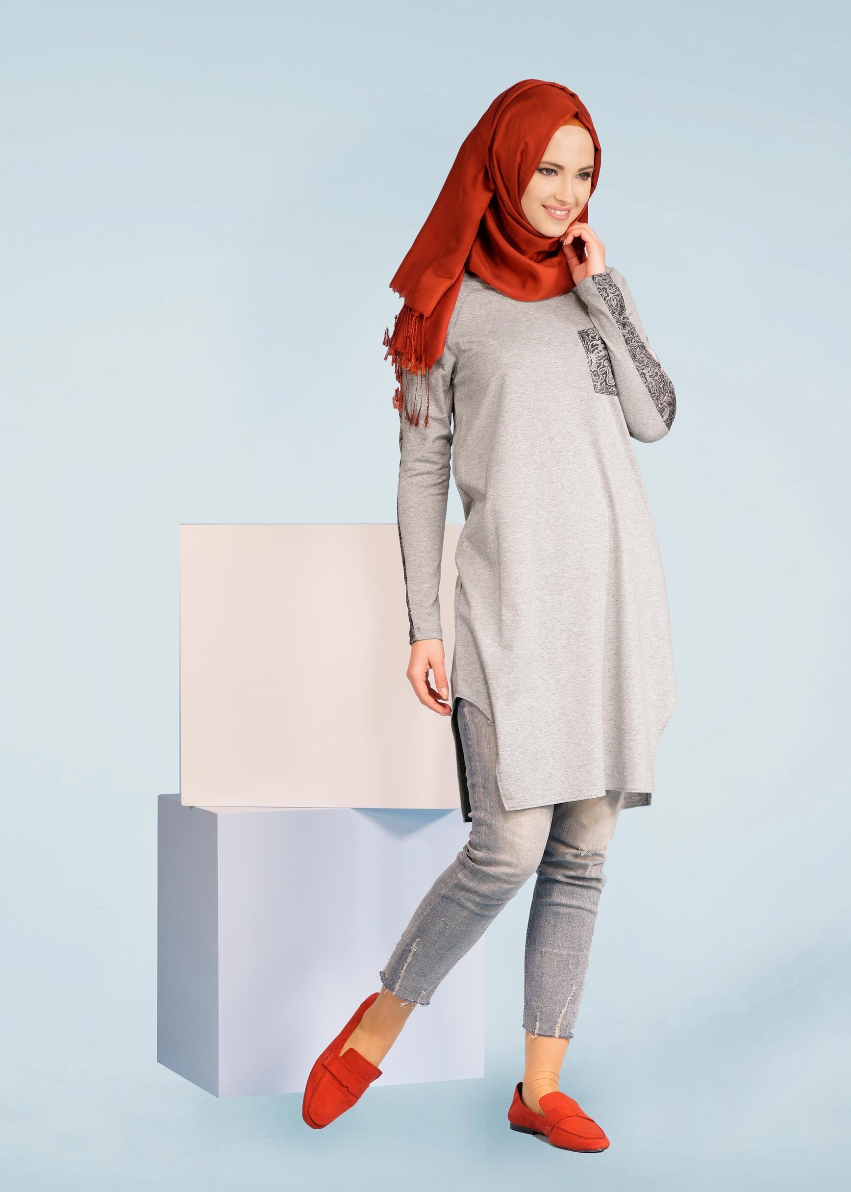 Tesettür giyim GRİ 4073 NEW VİSCON LYCRA TUNİK 38/46