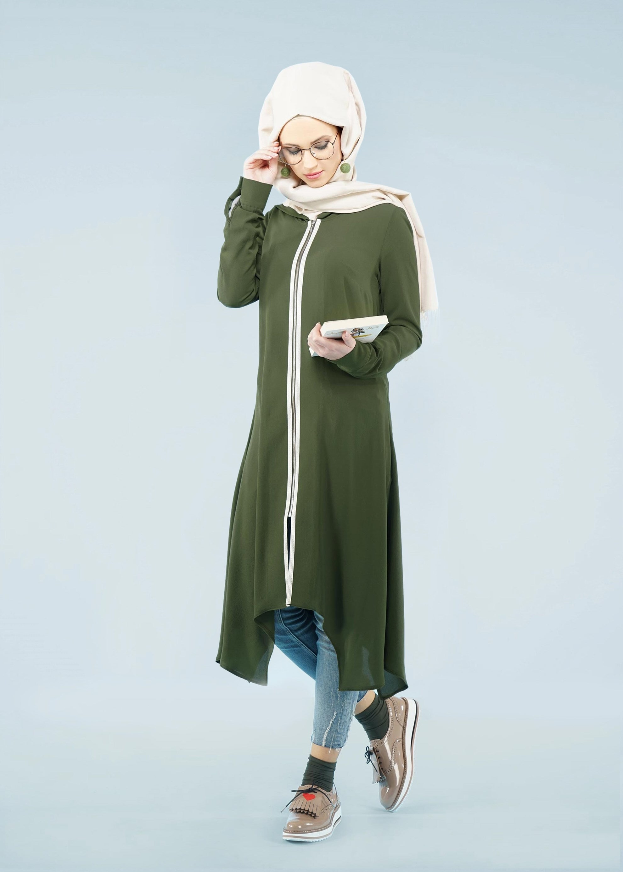 Tesettür giyim HAKİ 4086 NİŞANTAŞI TUNİK 38/46 TEK40