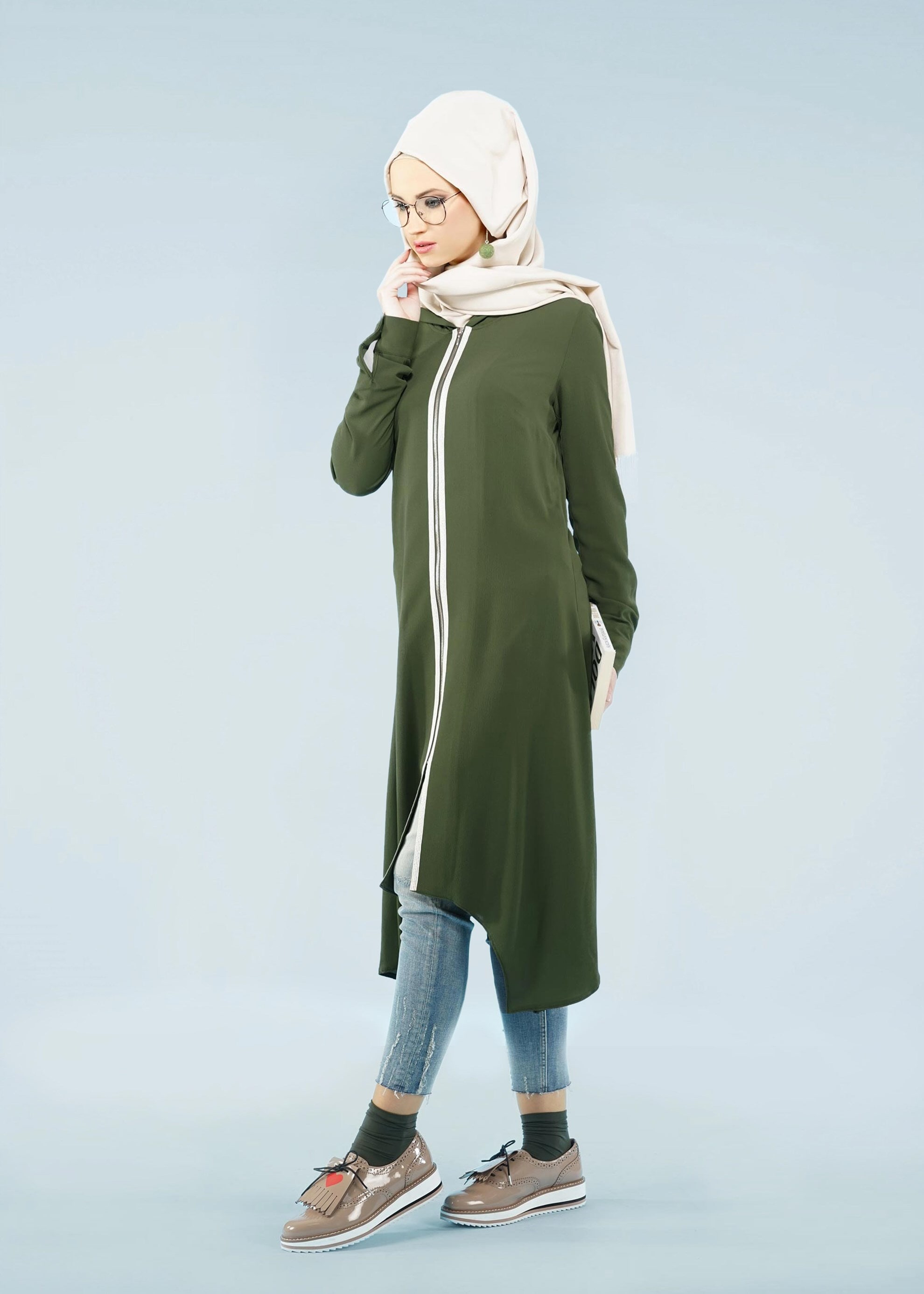 Tesettür giyim HAKİ 4086 NİŞANTAŞI TUNİK 38/46 TEK40