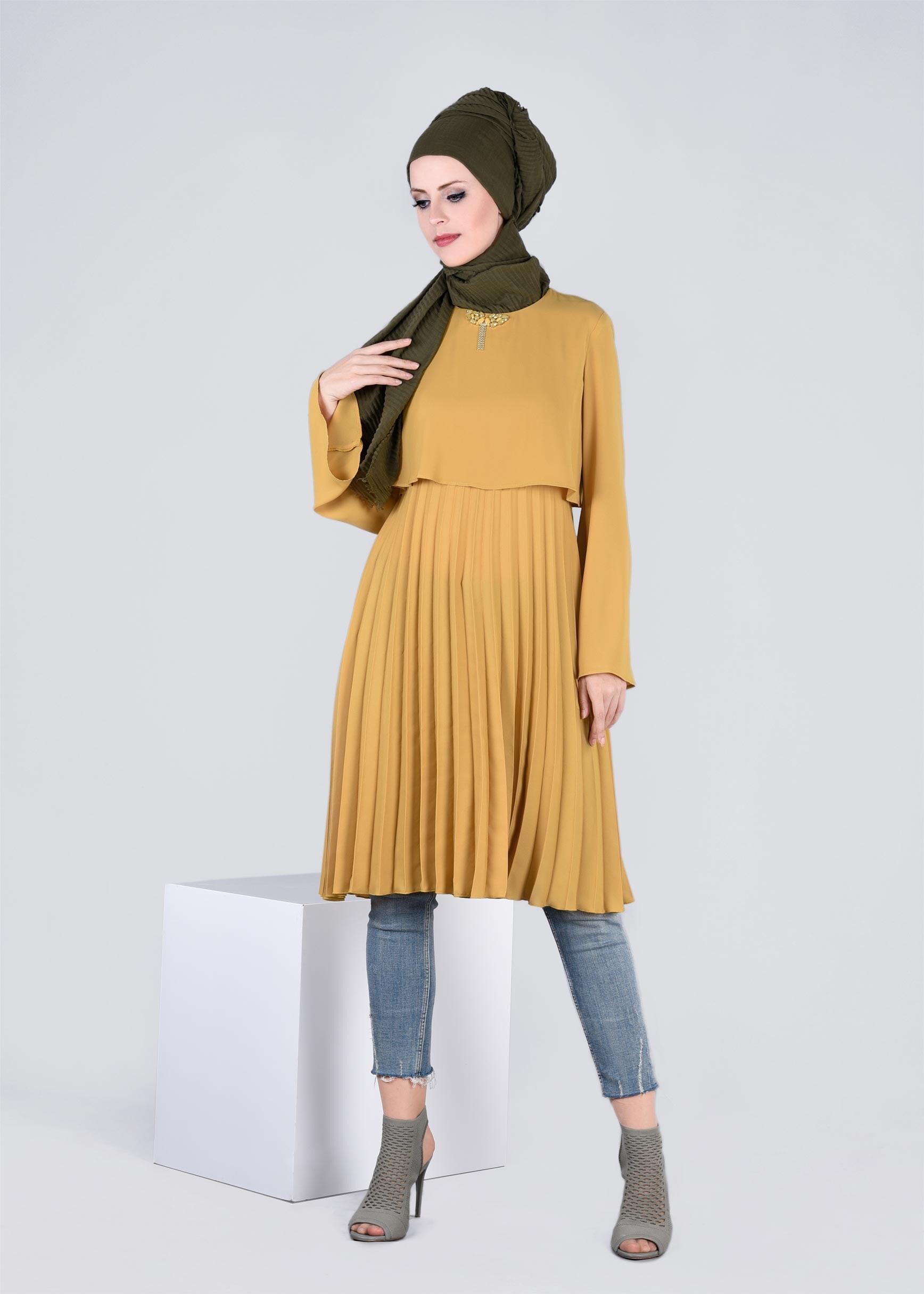Tesettür giyim SARI 4092 ESİNTİ TUNİK 36/42 TEK38
