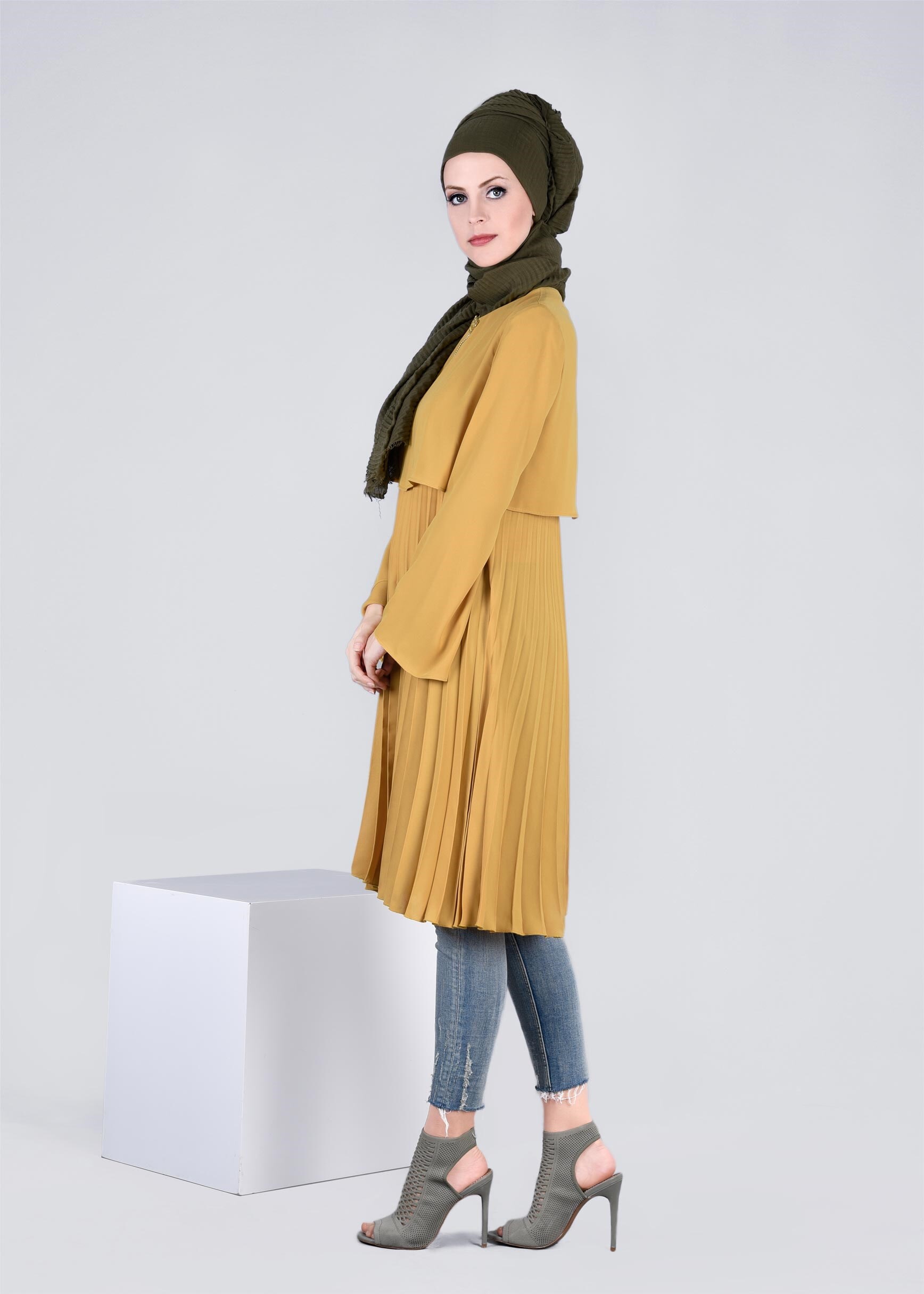 Tesettür giyim SARI 4092 ESİNTİ TUNİK 36/42 TEK38