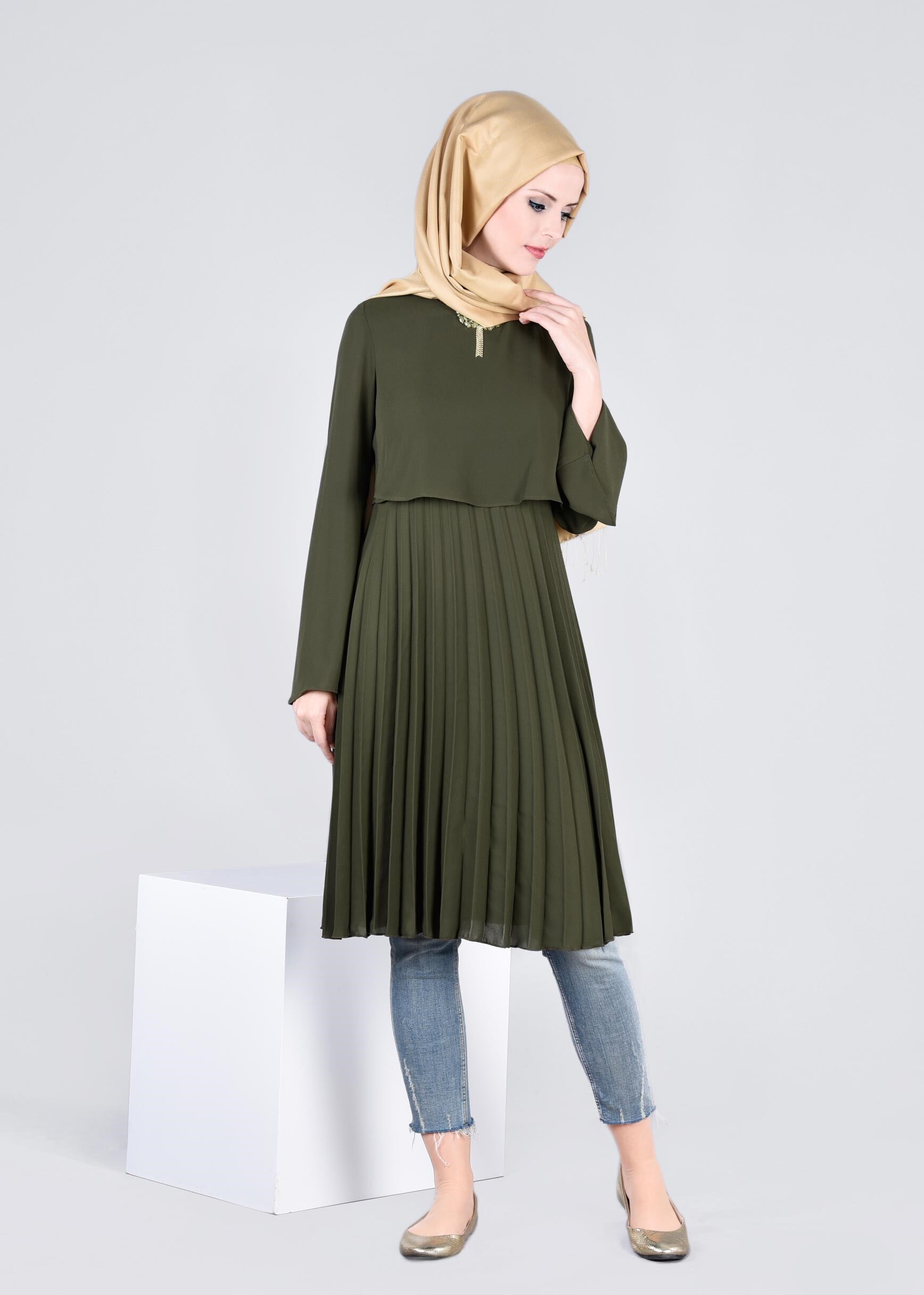 Tesettür giyim HAKİ 4092 ESİNTİ TUNİK 36/42 TEK38