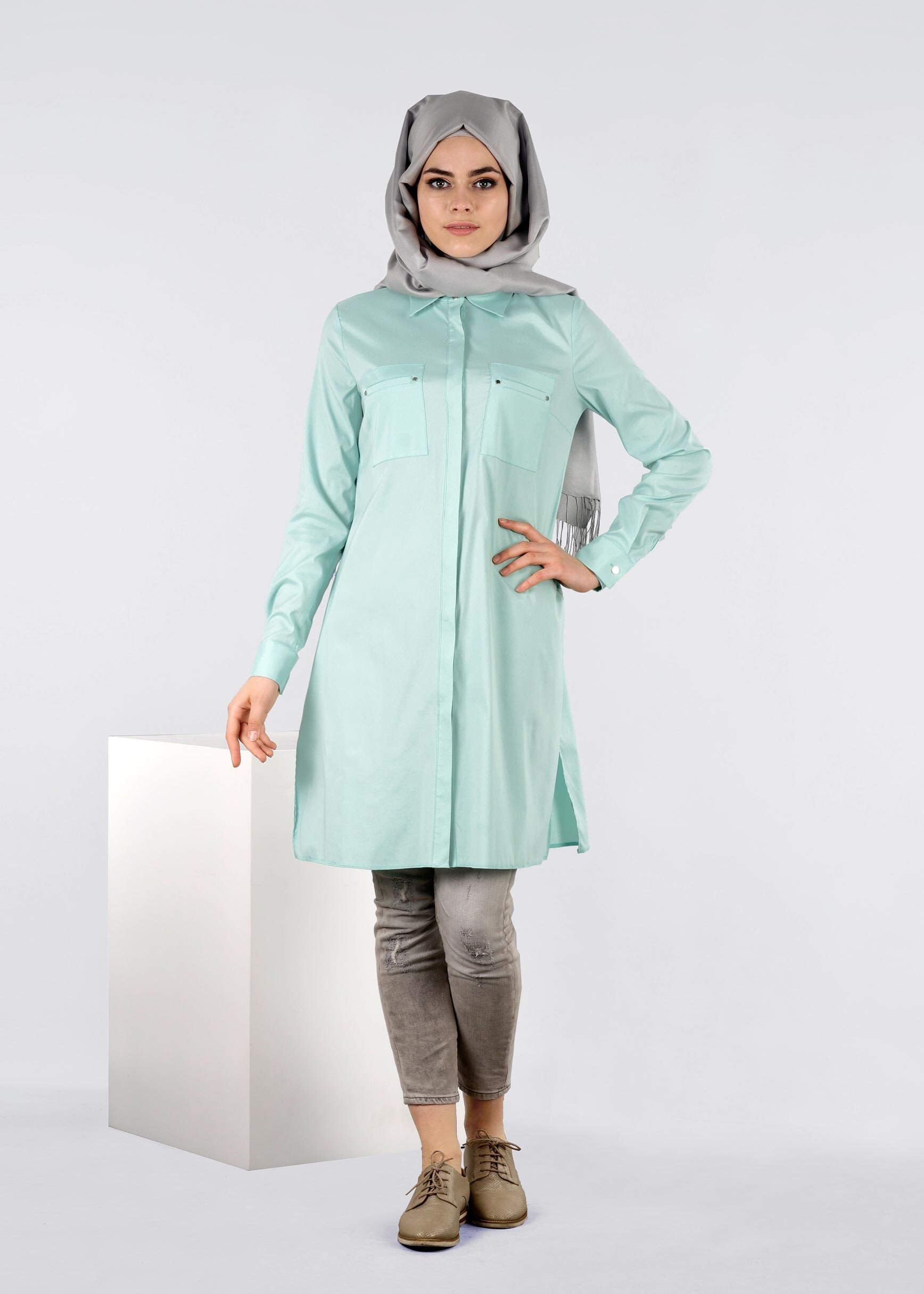 Tesettür giyim YEŞİL 4244 SELENA DİAGONEL TUNİK 38/46 TEK40