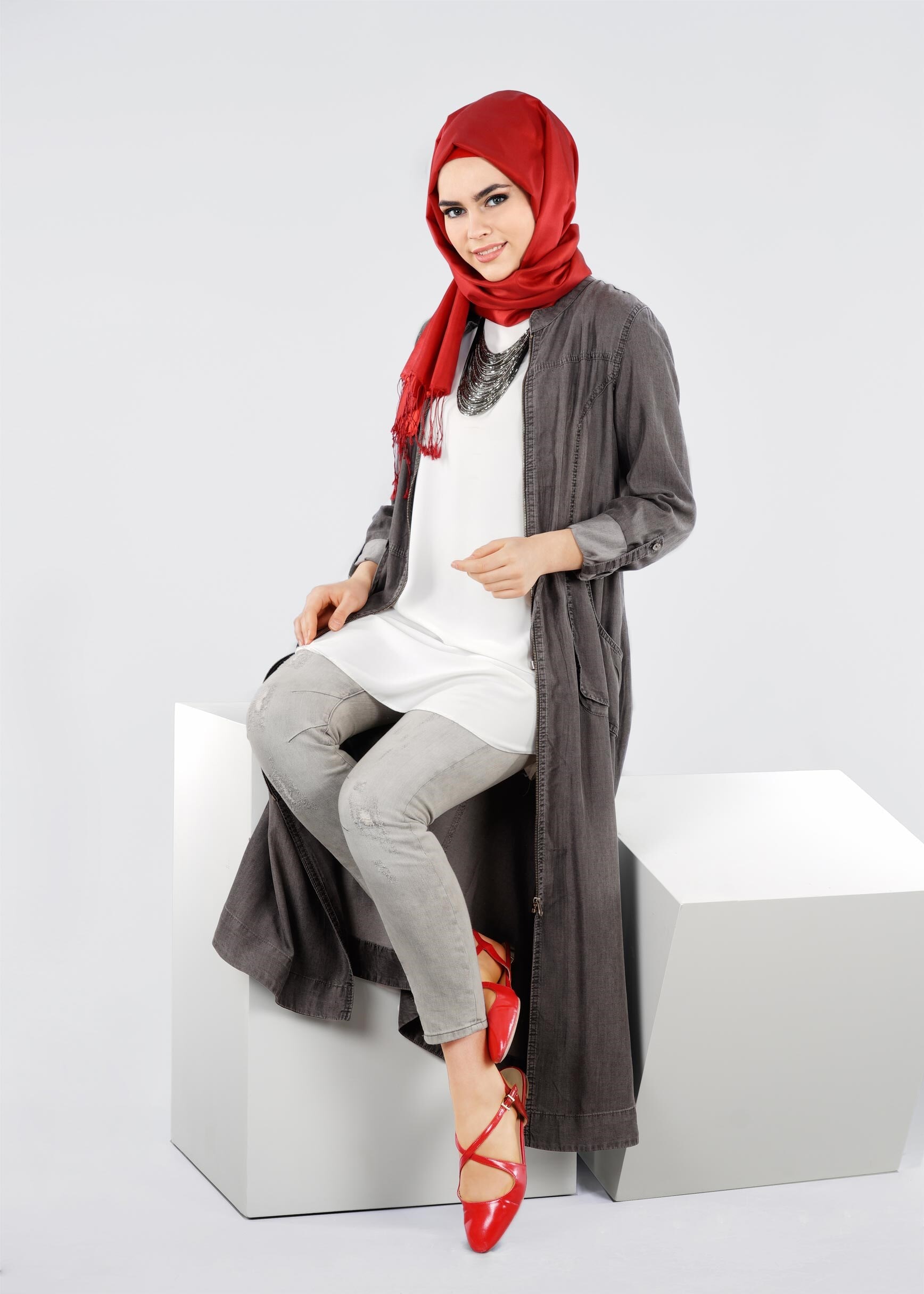 Tesettür giyim GRİ 4286 MİKA  DENİM TUNİK 38/46