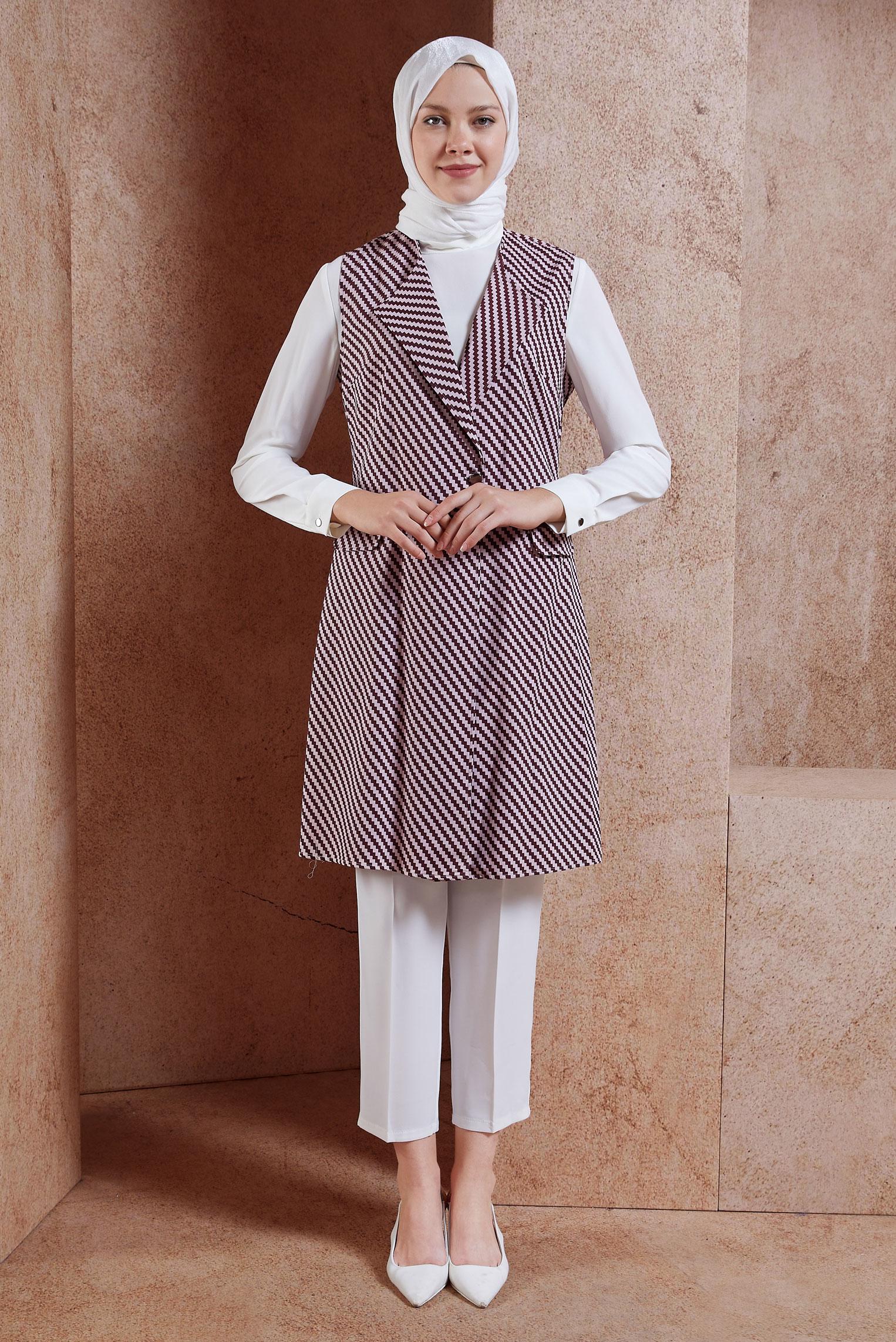 Tesettür giyim BORDO DESENLİ YELEKLİ TUNİK 4317 