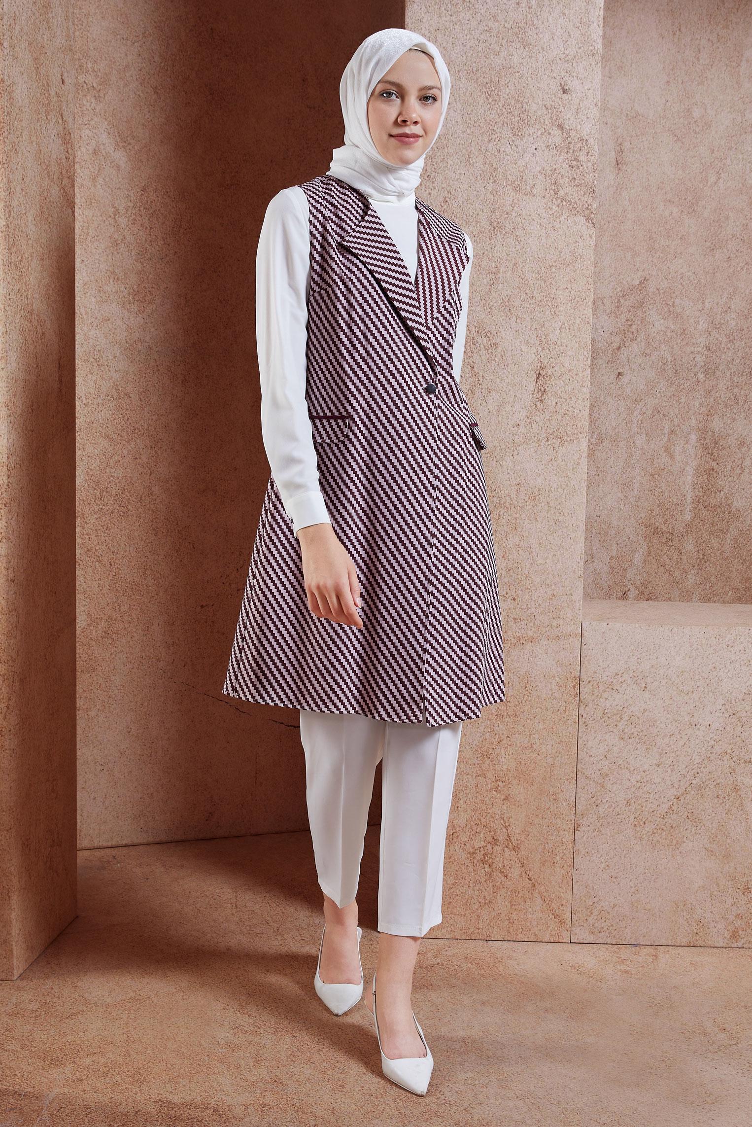 Tesettür giyim BORDO DESENLİ YELEKLİ TUNİK 4317 