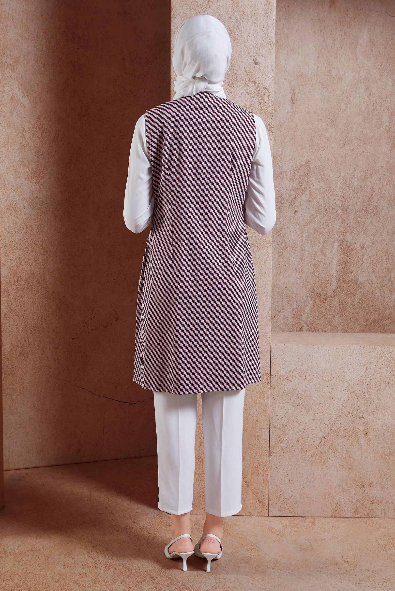 Tesettür giyim BORDO DESENLİ YELEKLİ TUNİK 4317 