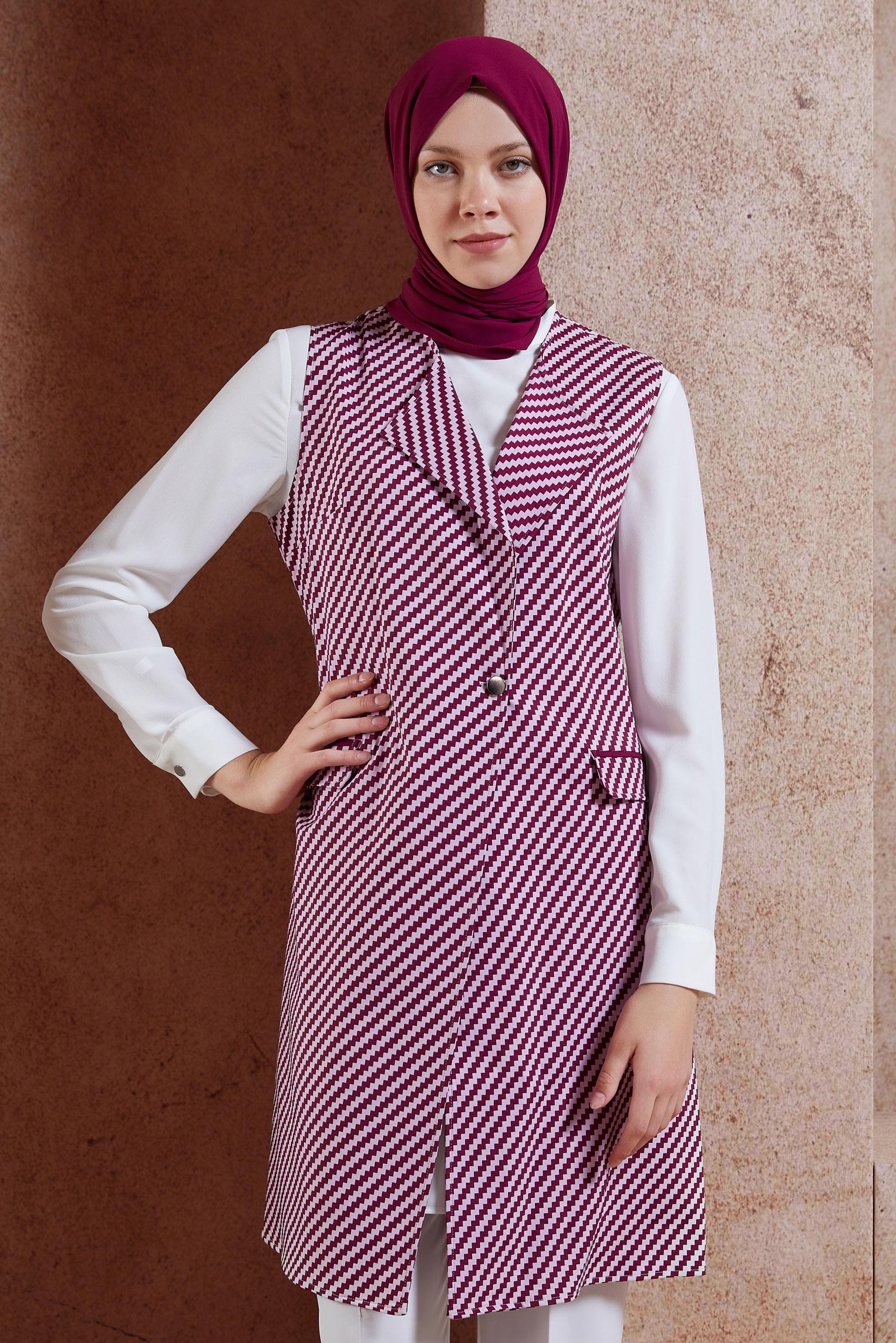 Tesettür giyim FUŞYA DESENLİ YELEKLİ TUNİK 4317 