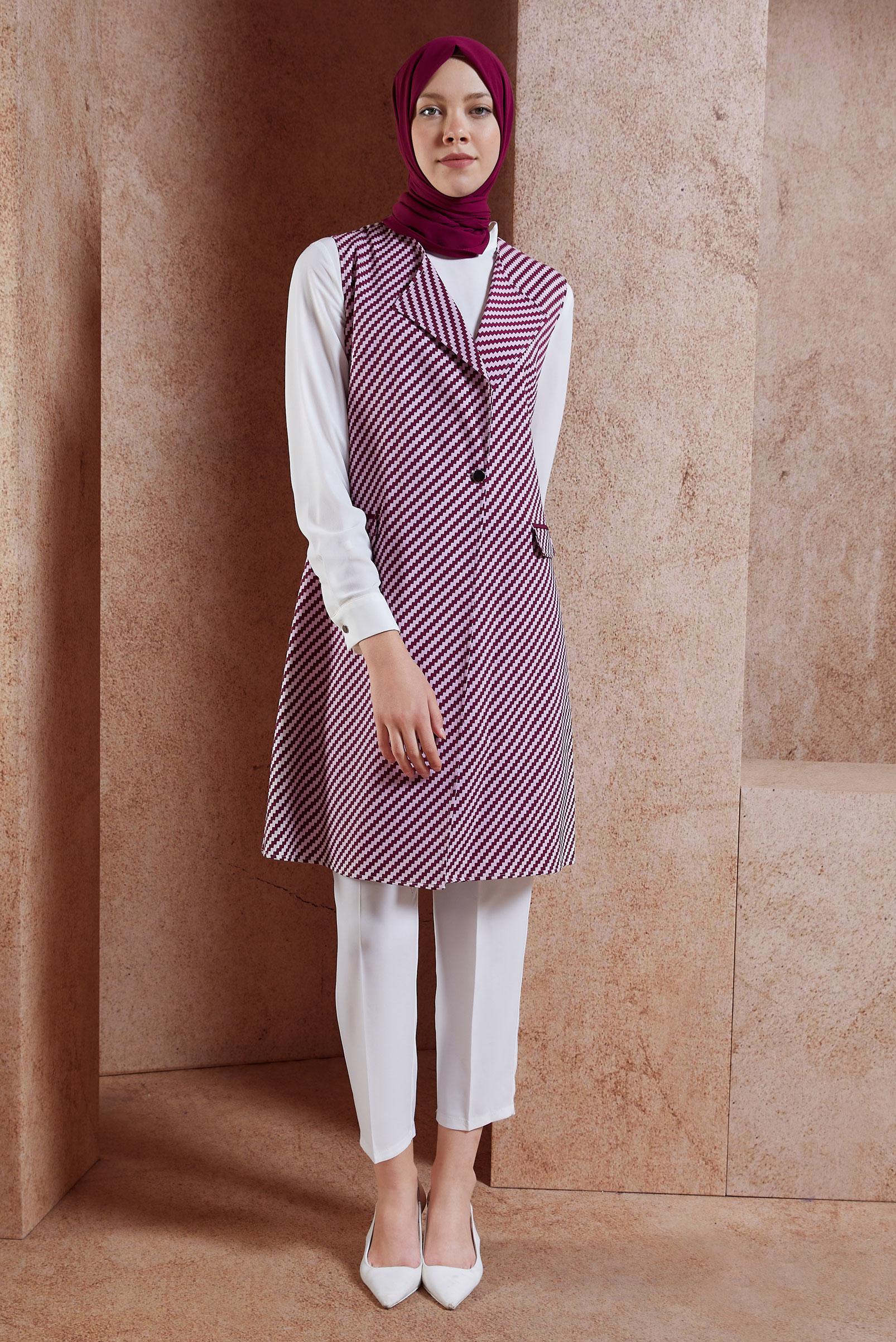 Tesettür giyim FUŞYA DESENLİ YELEKLİ TUNİK 4317 