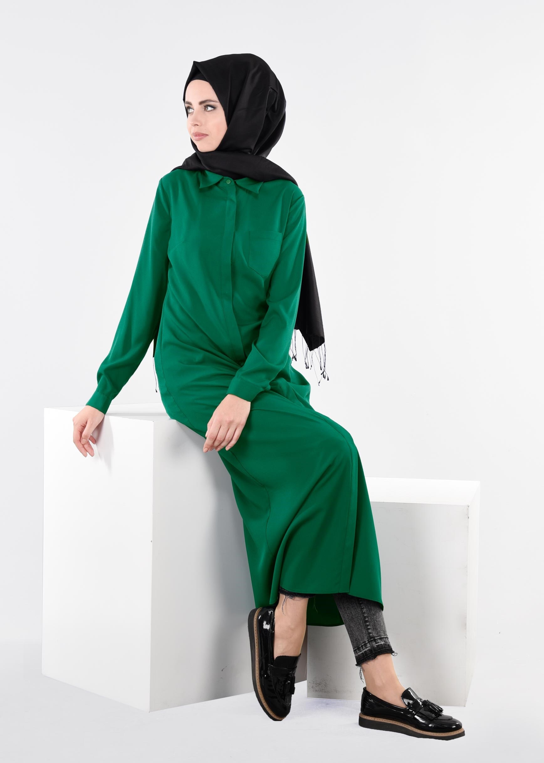 Tesettür giyim YEŞİL 4366 ROSA DÜZ TUNİK 38/48 TEK40