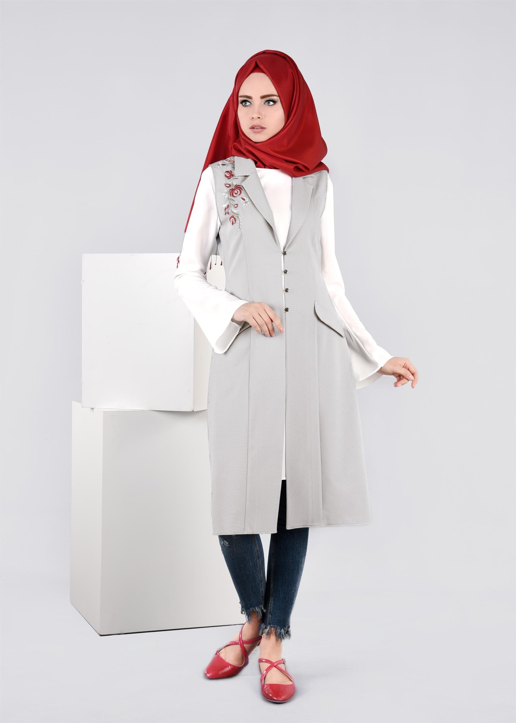 Tesettür giyim GRİ 4374 BERTA 43625 2&prime;Lİ TUNİK 38/46 TEK40