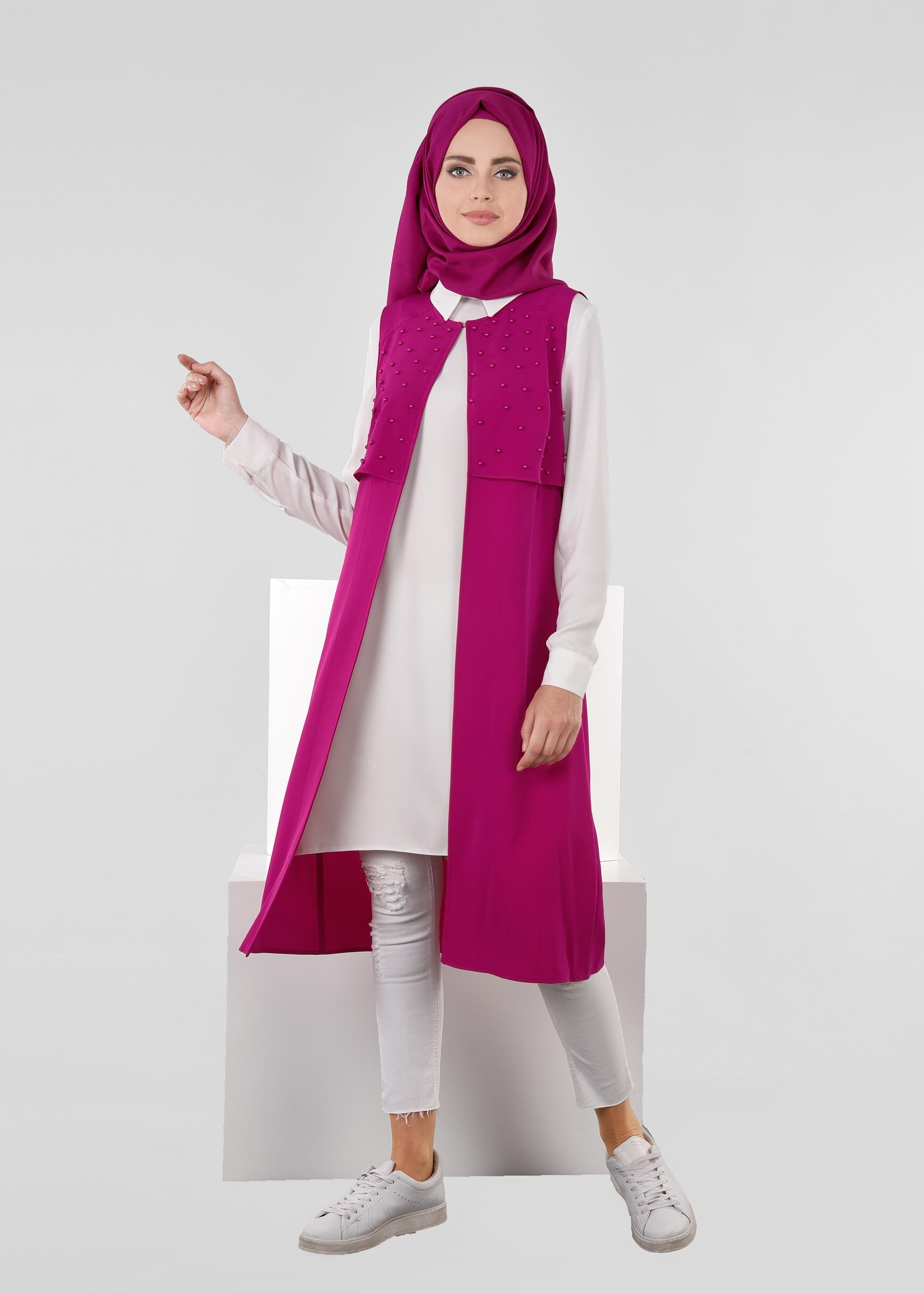 Tesettür giyim FUŞYA 4431 CREP CUPRA 2&prime;Lİ TUNİK 38/46 TEK40