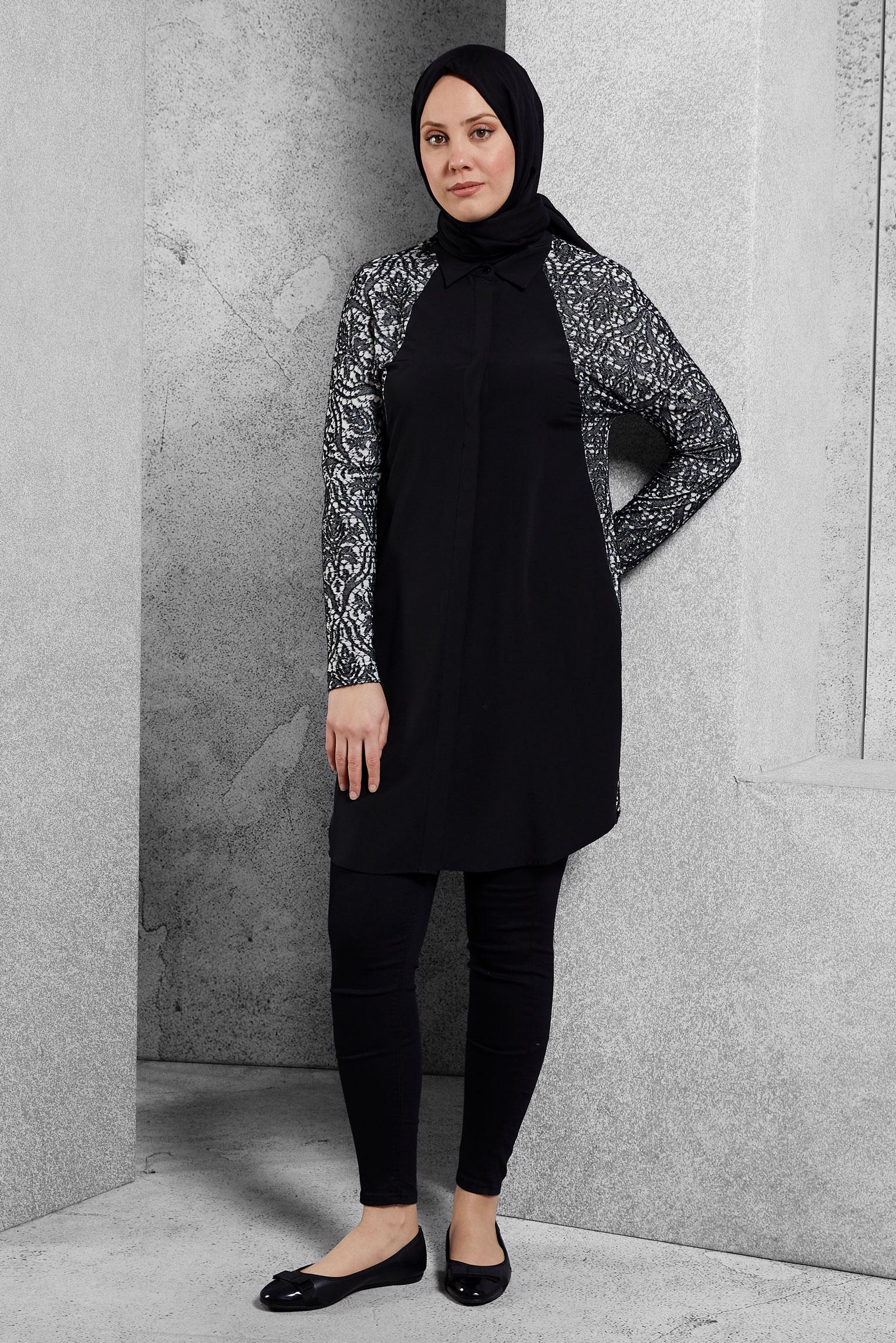 Tesettür giyim SİYAH DESENLİ TUNİK 4437