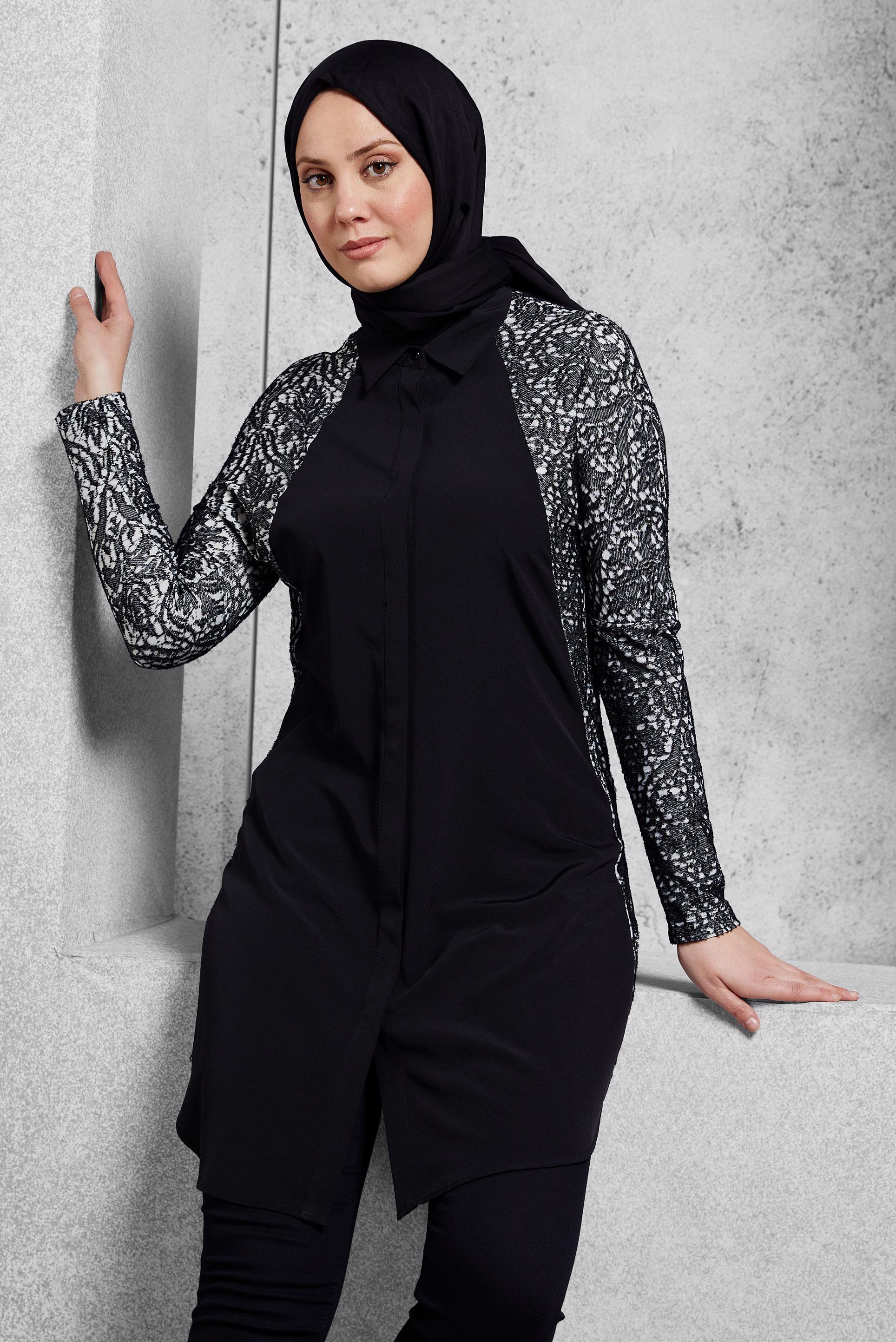 Tesettür giyim SİYAH DESENLİ TUNİK 4437