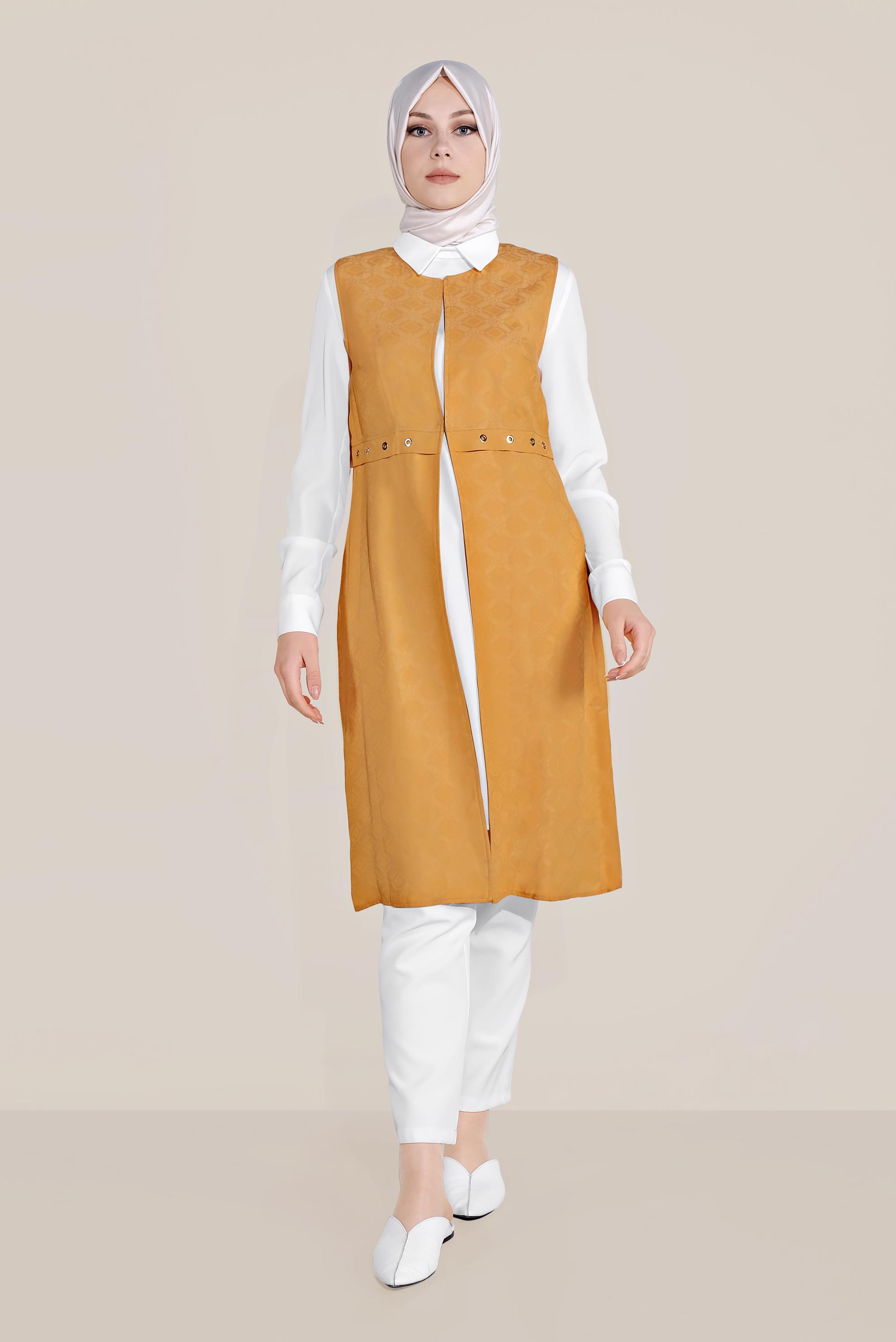 Tesettür giyim SARI KUŞGÖZÜ DETAYLI İKİLİ TUNİK TAKIM 4444