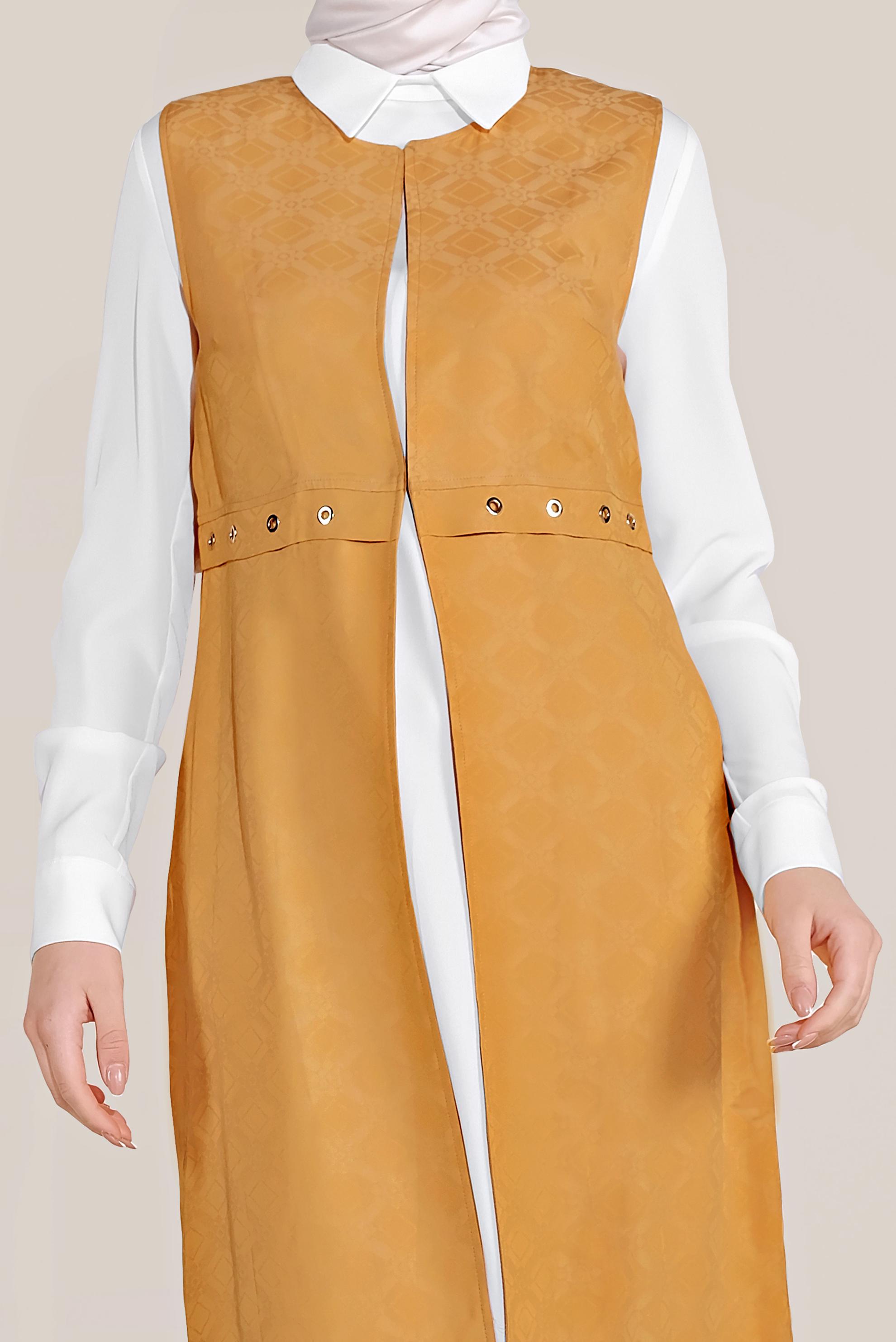 Tesettür giyim SARI KUŞGÖZÜ DETAYLI İKİLİ TUNİK TAKIM 4444