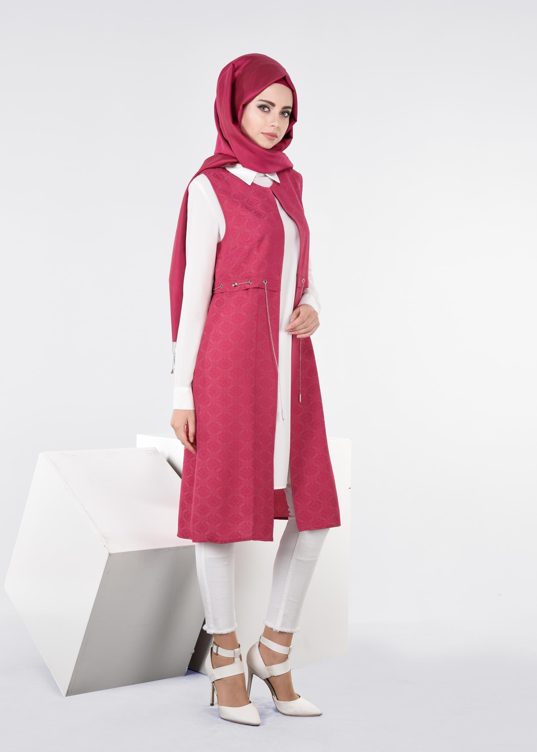 Tesettür giyim FUŞYA KUŞGÖZÜ DETAYLI İKİLİ TUNİK TAKIM 4444