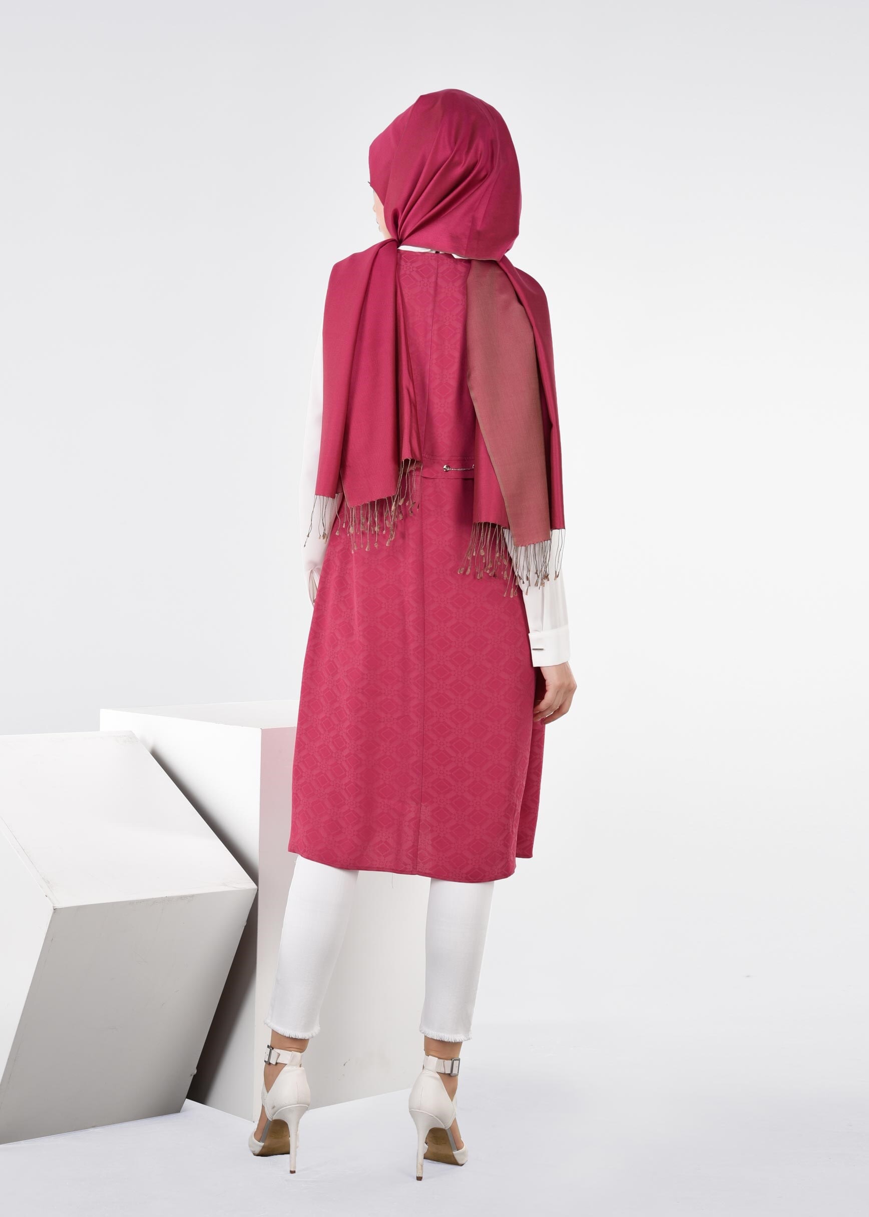 Tesettür giyim FUŞYA KUŞGÖZÜ DETAYLI İKİLİ TUNİK TAKIM 4444