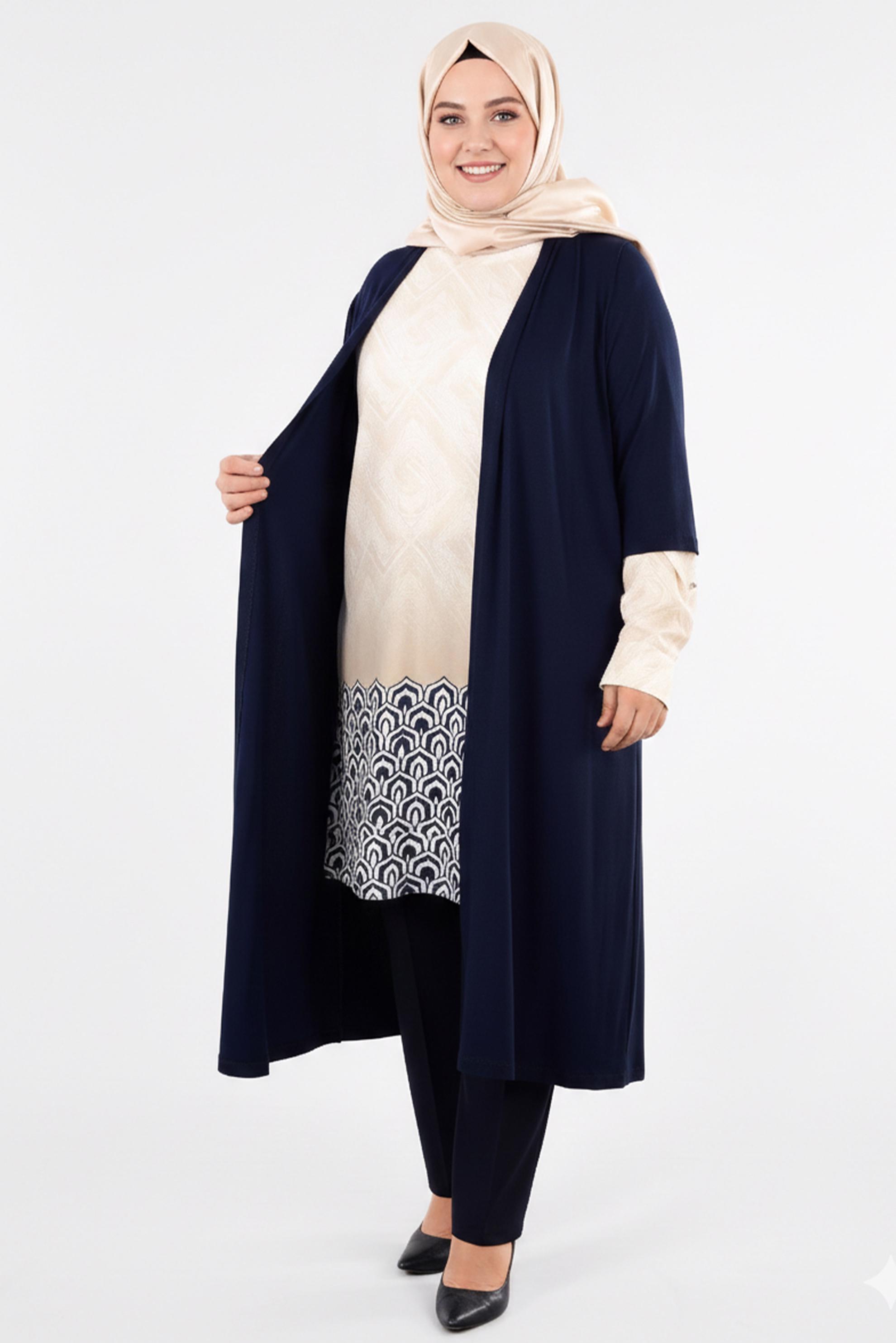 Tesettür giyim BEJ CEKETLİ DESENLİ TUNİK 4446