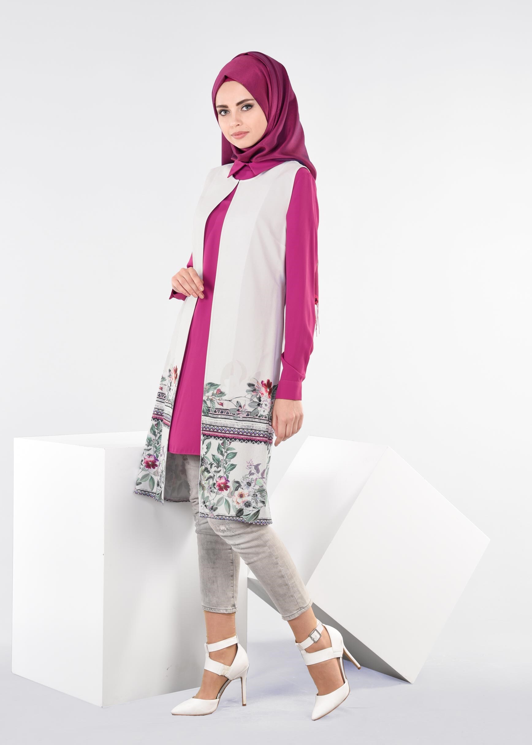 Tesettür giyim GRİ 4449 SAKIZ 11319 2&prime;Lİ TUNİK 38/46 TEK40