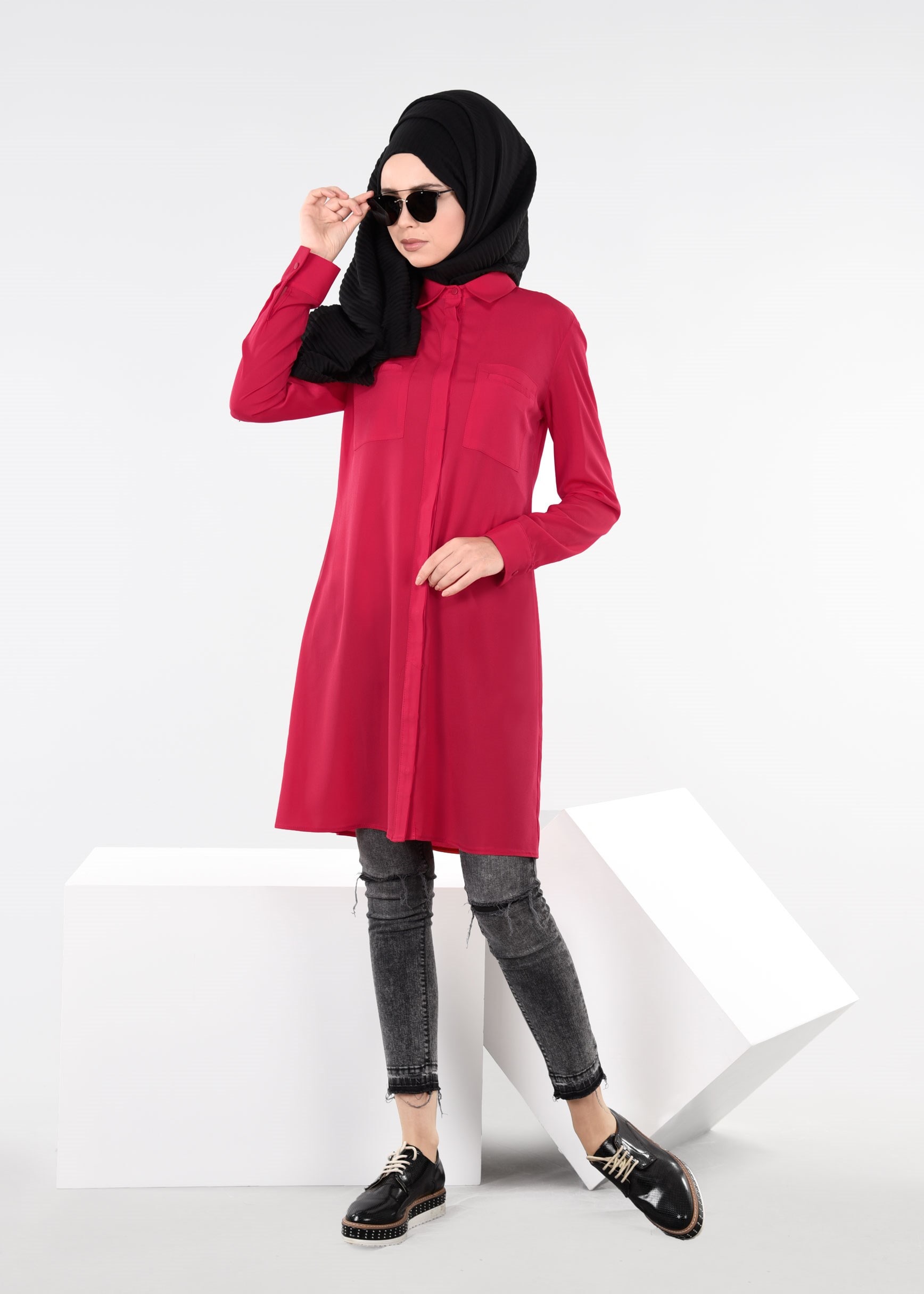 Tesettür giyim KIRMIZI 4460 SACURA TESETTÜR TUNİK 38/46 TEK36