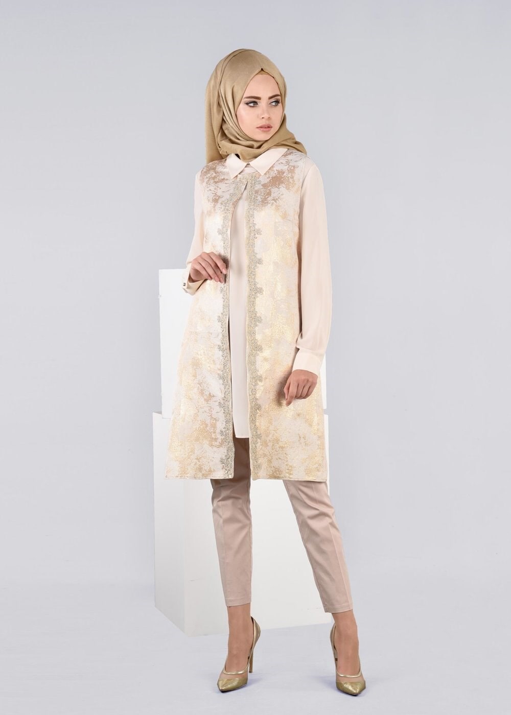 Tesettür giyim BEJ 4475 JAKAR 694 2&prime;Lİ TUNİK 40/48 TEK38