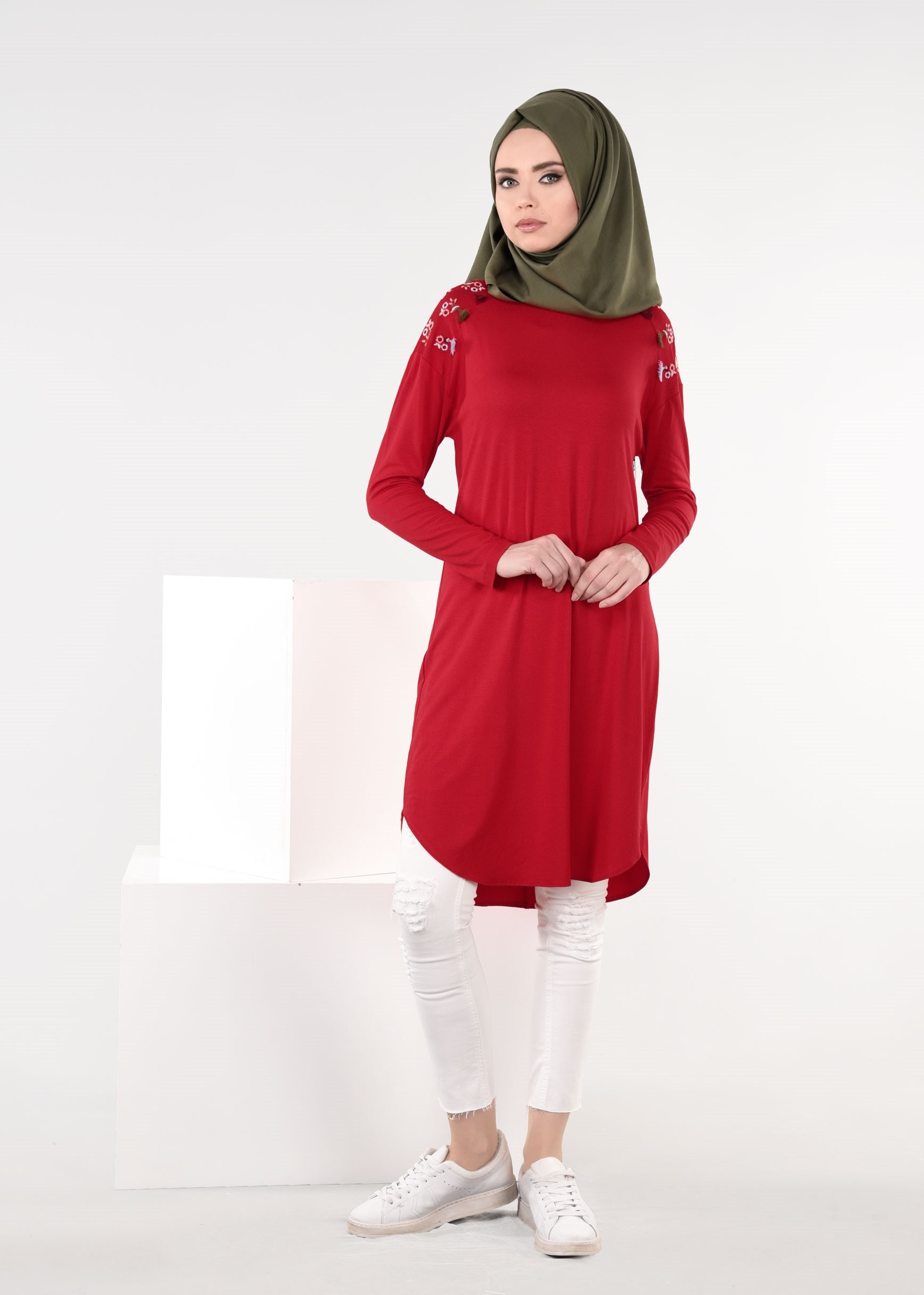 Tesettür giyim KIRMIZI 4487 NEW VİSCON LYCRA TESETTÜR TUNİK 38/46