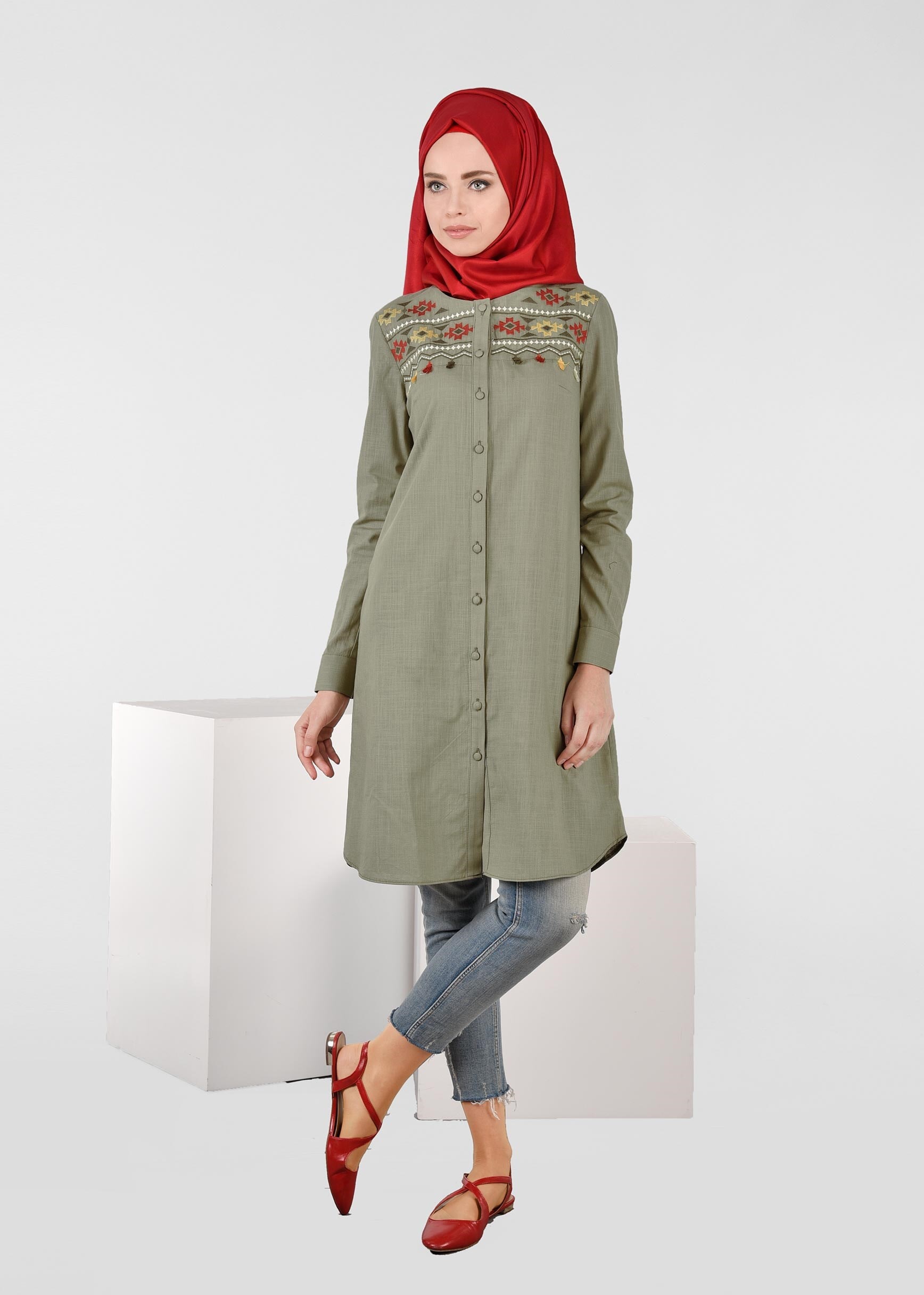 Tesettür giyim HAKİ 4530 WİA KETEN TUNİK 38/46 TEK40