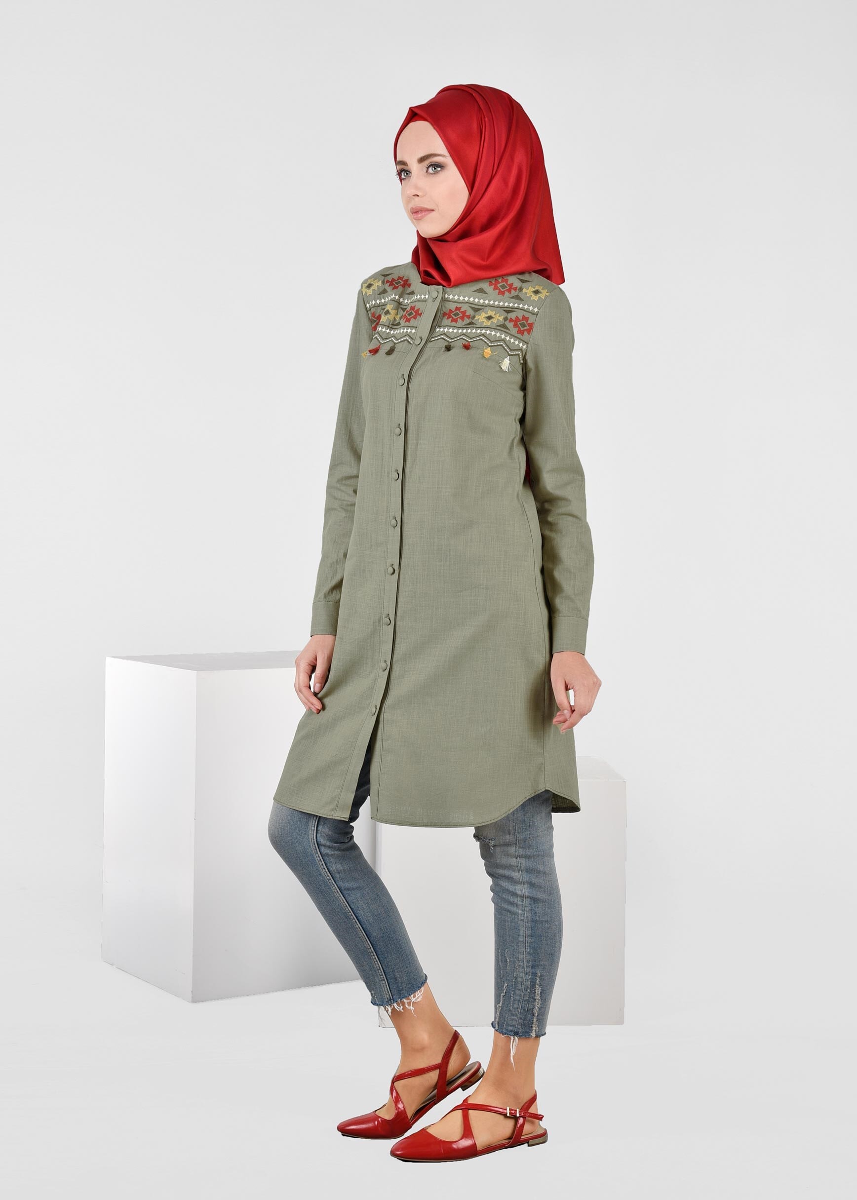 Tesettür giyim HAKİ 4530 WİA KETEN TUNİK 38/46 TEK40