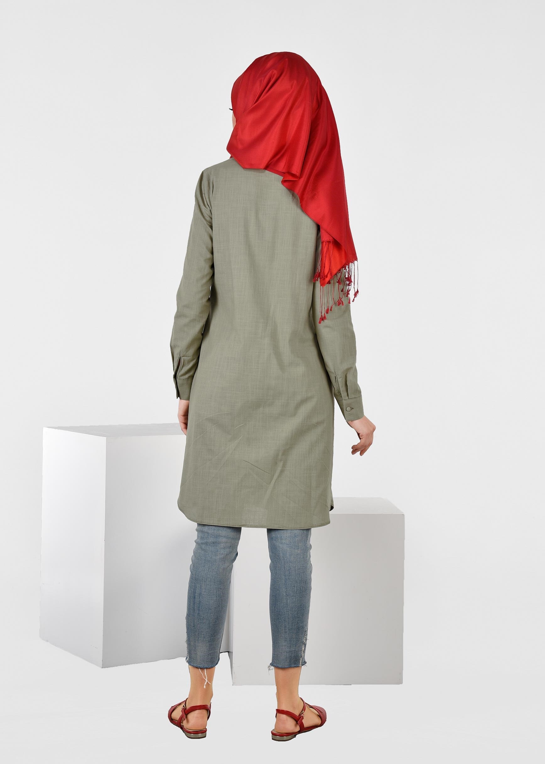 Tesettür giyim HAKİ 4530 WİA KETEN TUNİK 38/46 TEK40