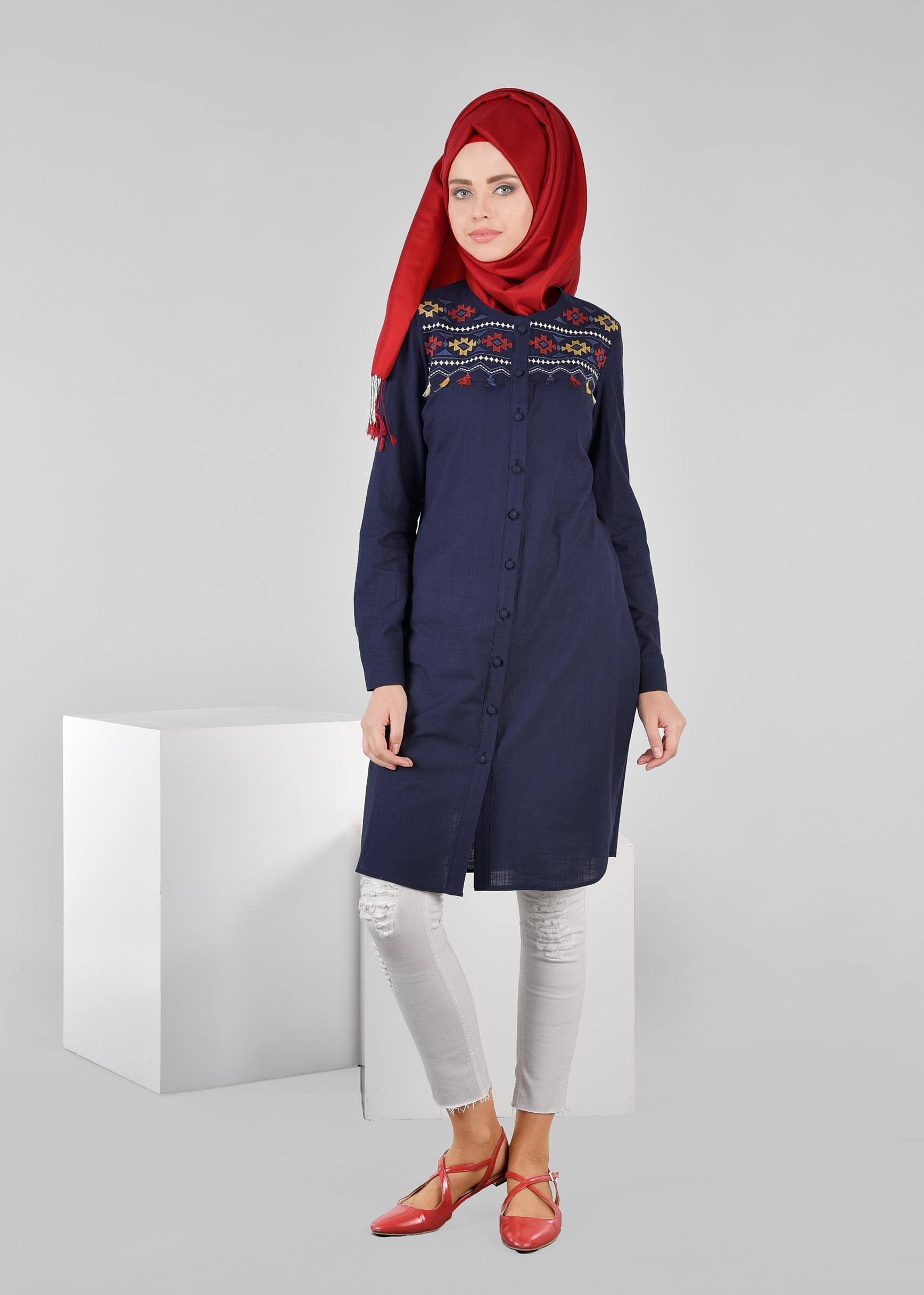 Tesettür giyim LACİVERT 4530 WİA KETEN TUNİK 38/46 TEK40