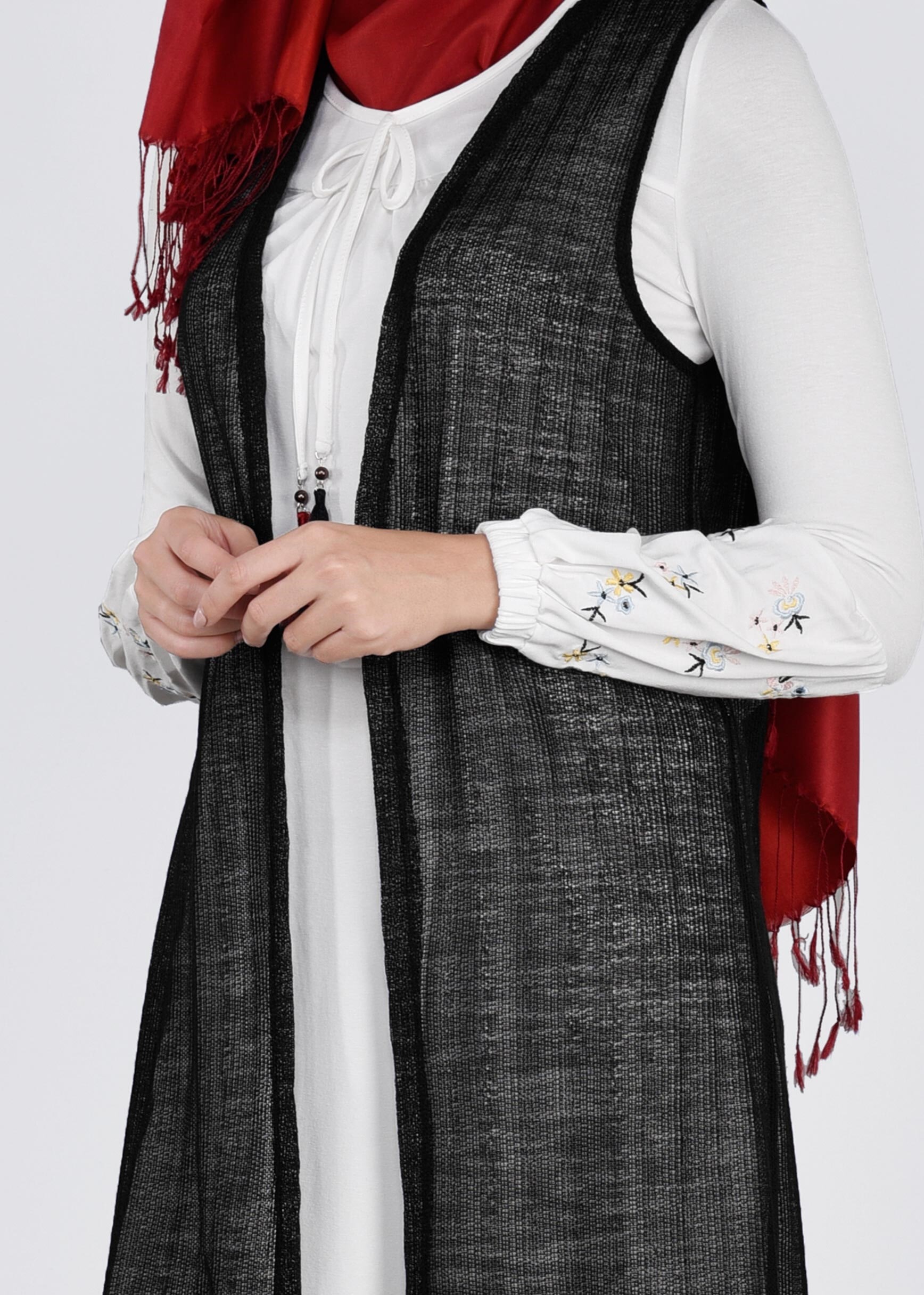 Tesettür giyim SİYAH 4533 ÇİZGİLİ DANTEL 2&prime;Lİ TUNİK 38/44