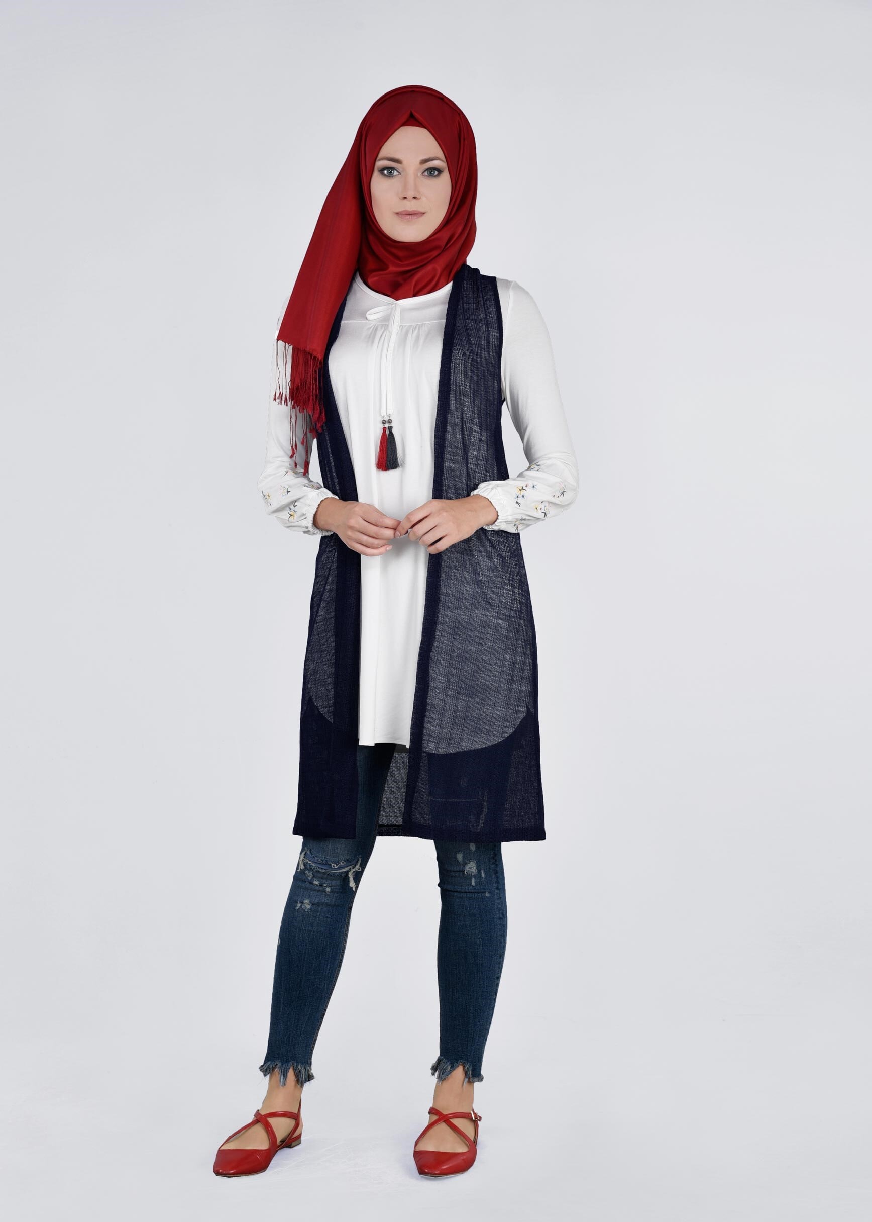 Tesettür giyim LACİVERT 4533 ÇİZGİLİ DANTEL 2&prime;Lİ TUNİK 38/44