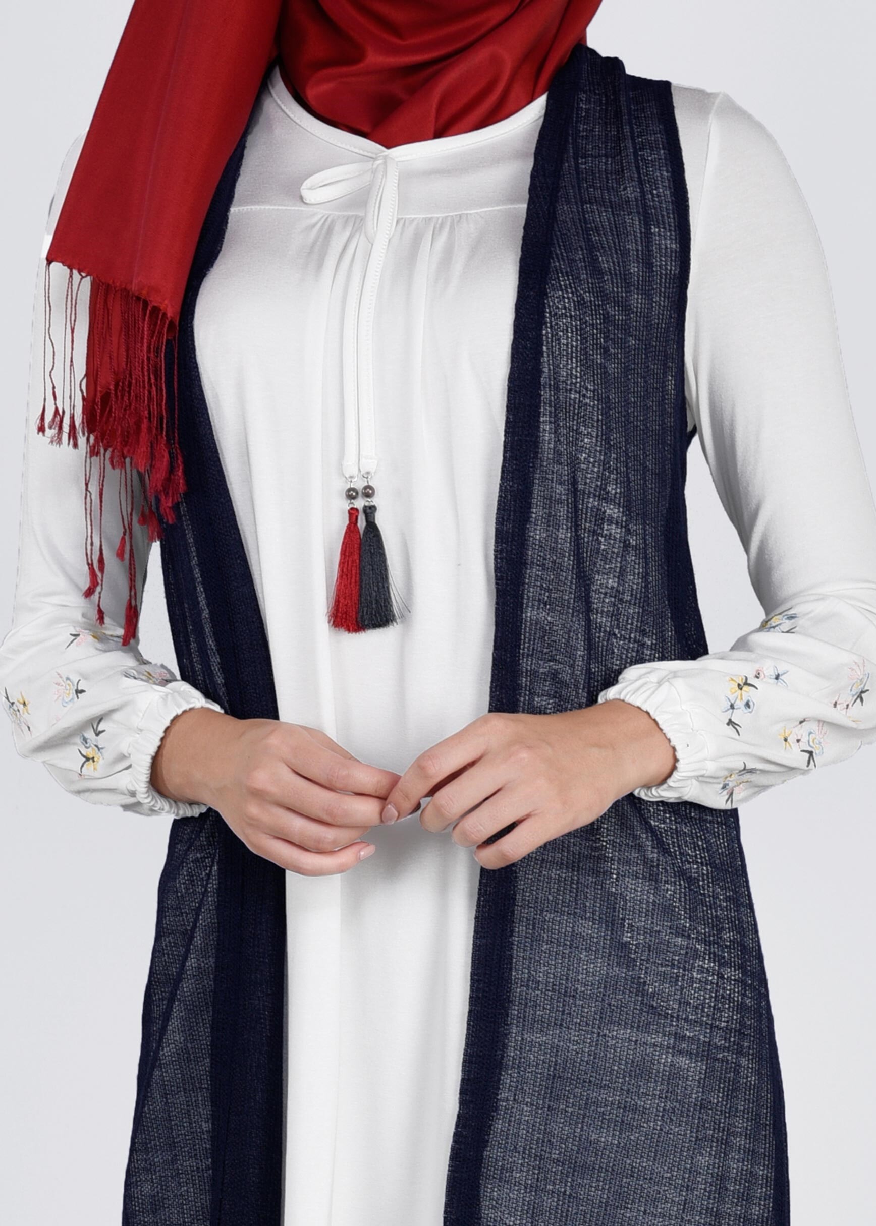 Tesettür giyim LACİVERT 4533 ÇİZGİLİ DANTEL 2&prime;Lİ TUNİK 38/44