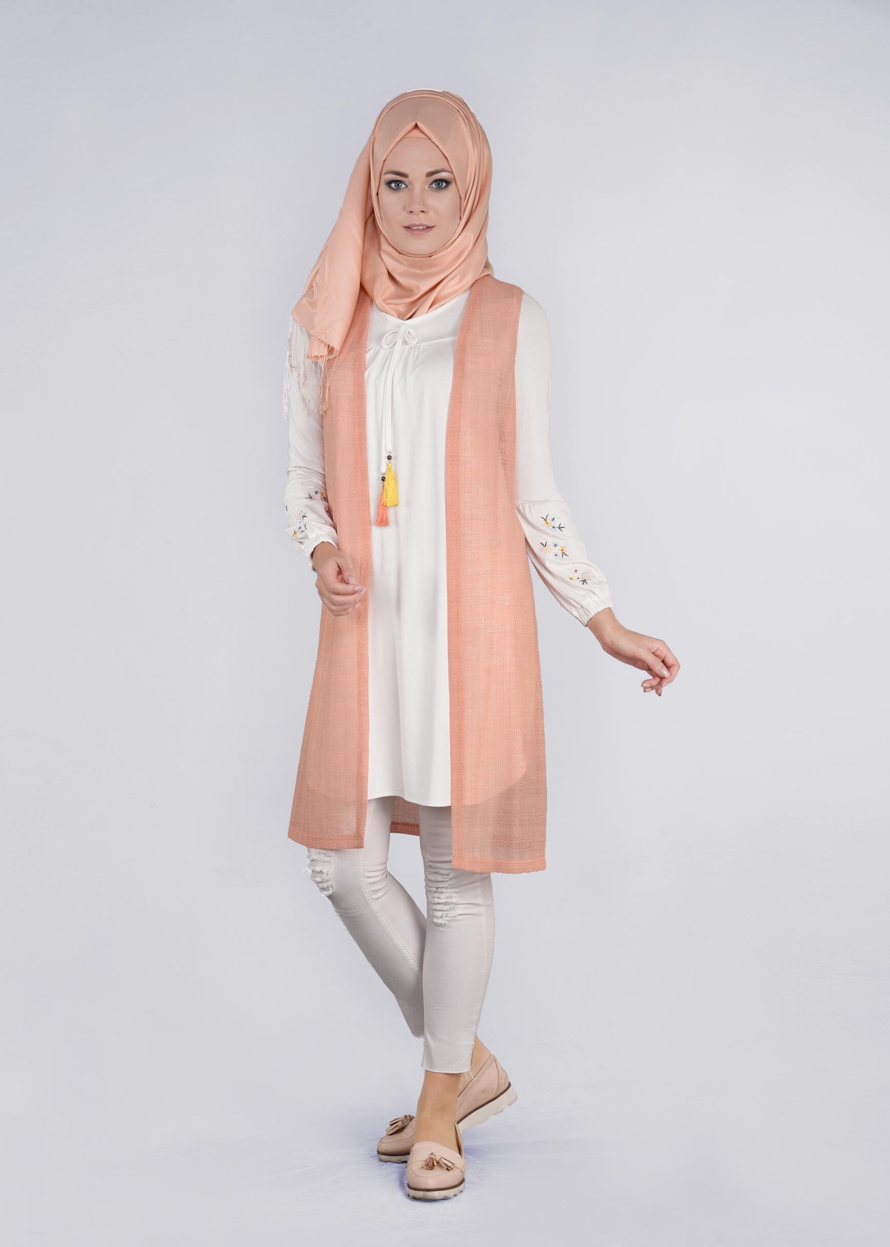 Tesettür giyim PUDRA 4533 ÇİZGİLİ DANTEL 2&prime;Lİ TUNİK 38/44